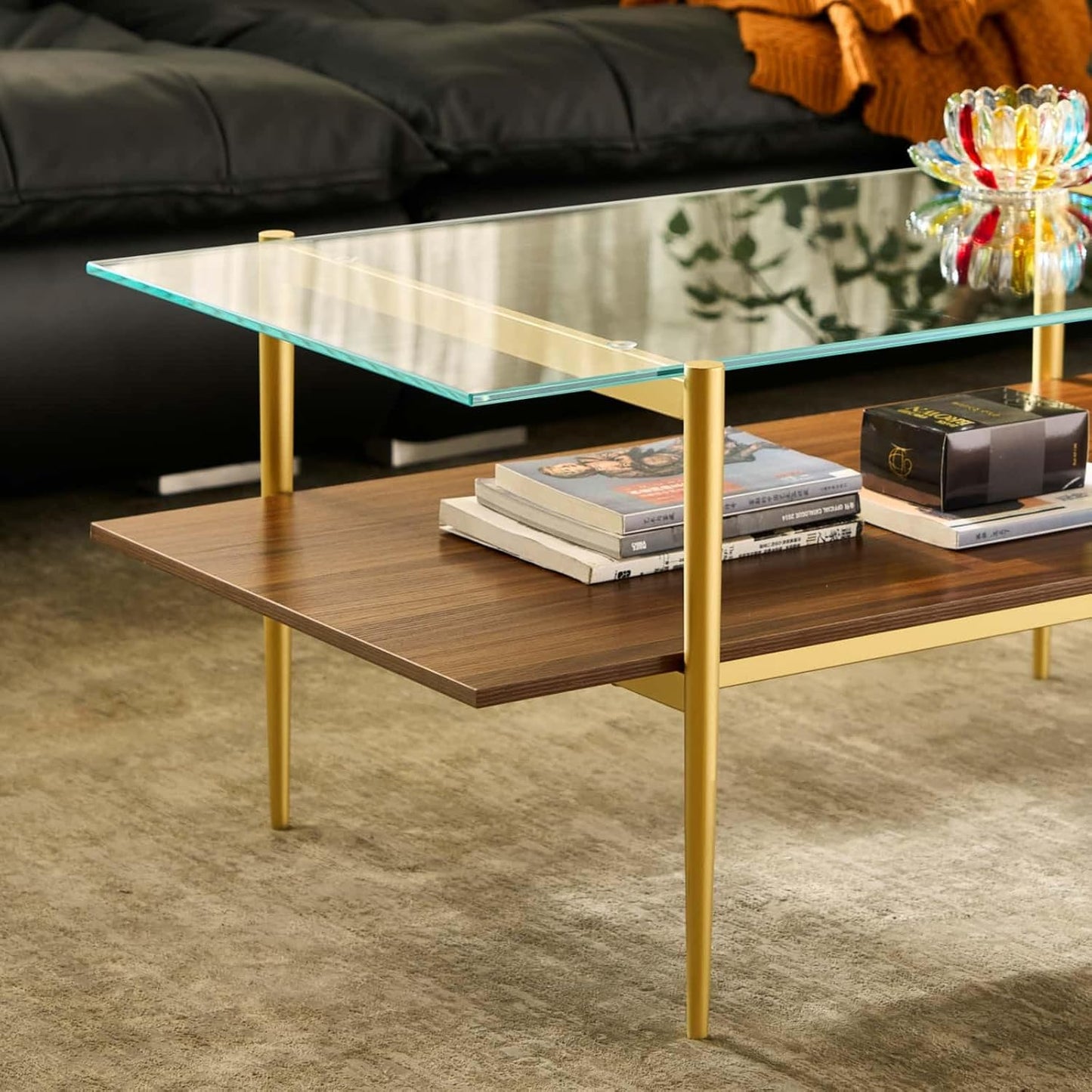 AGV LIGHTING Tadio Glass Coffee Table, Mid-Century Modern Coffee Table for Living Room, Gold Finish Leg, Clear Glass Top & Walnut Brown Wood Shelf, 41 in Length