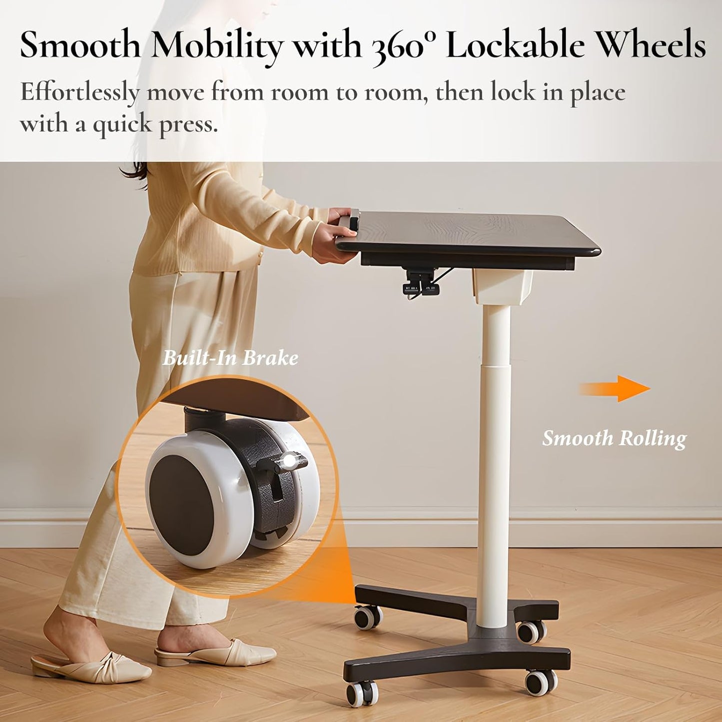 Adjustable Computer Desk, Solid Wood Folding Desk with Wheels, Mobile Home Office Laptop Table, Sit Stand Workstation, Rolling Desk, 28.35-42.52 H x 31.5 W x 19.69 D Inches, Black