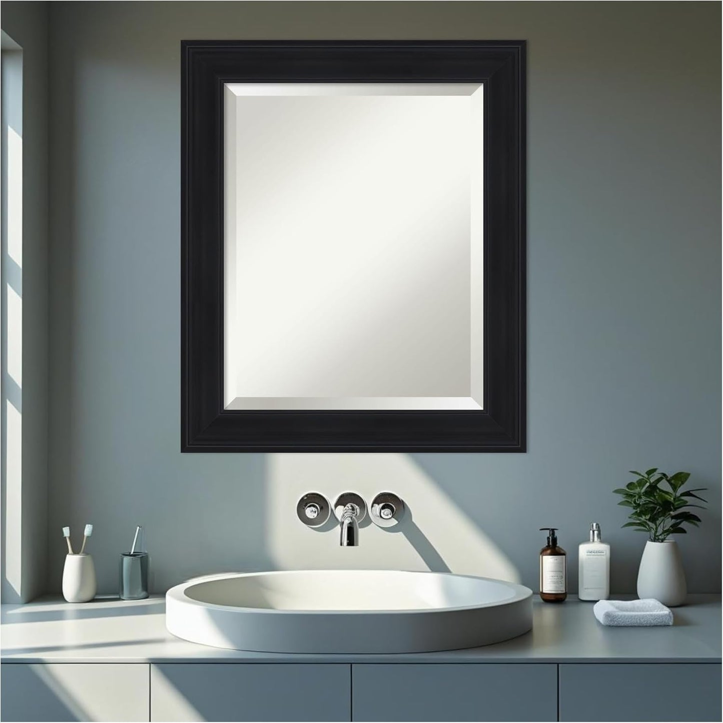 Amanti Art Black Bathroom Mirror for Over Sink, 25x21 Abbey Black Rectangle Vanity Mirror, Small Traditional Frame, Hangs Horizonally and Vertically, Bathroom Wall Decor, Beveled Edge