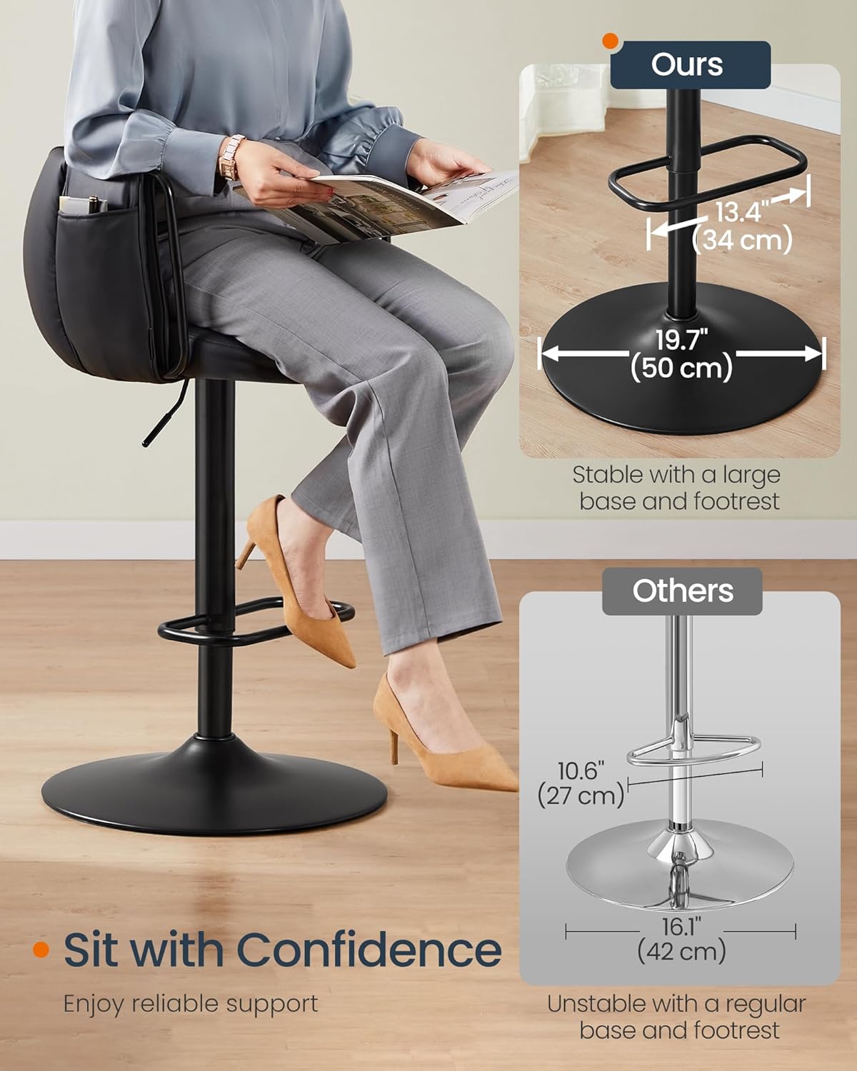 SONGMICS Home 360° Swivel Bar Stools Set of 2, Height Adjustable Barstools with Curved Back, Upholstered Counter Bar Stools with Footrest, Large Base, for Kitchen Island, Modern, Ink Black ULJB103B01