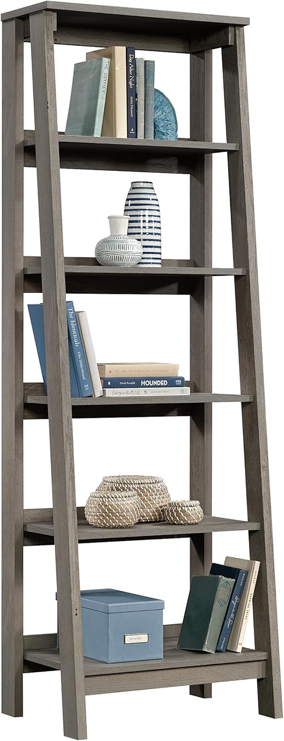 Sauder Ladder Bookshelf 5 Tier Trestle Ladder Shelf Wooden Bookcase, in Mystic Oak