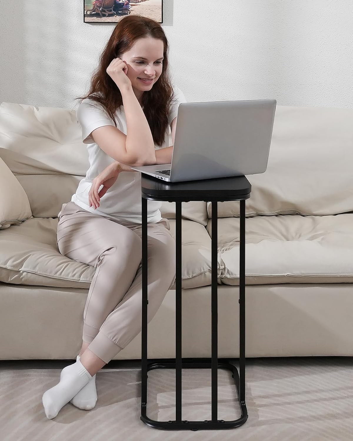 C Shaped End Table Set of 2, Small Side Table for Sofa and Bed, Couch Tables That Slide Under, Tall Tv Tray Table for Living Room, Bedroom, Ebony Black