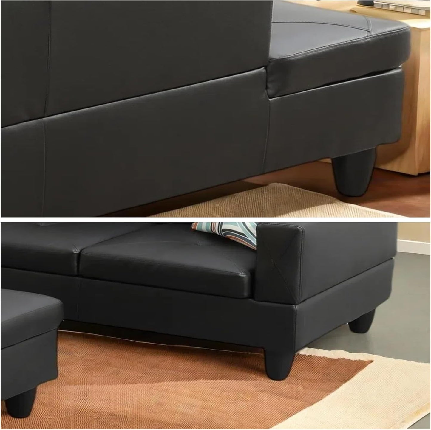 L-Shaped Sectional Sofa with Ottoman, Color Blocking Flannel Leather Right-Facing Modern Couch for Living Room, Bedroom, Office, Black Stripe