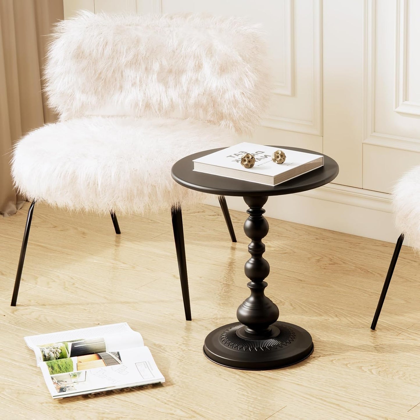 XIV Metal Small Round Side End Table, Vintage Matte Coffee Drink Cocktail Table, Accent Pedestal Table for Living Room Corners and Small Spaces, 21'' Height (Black)