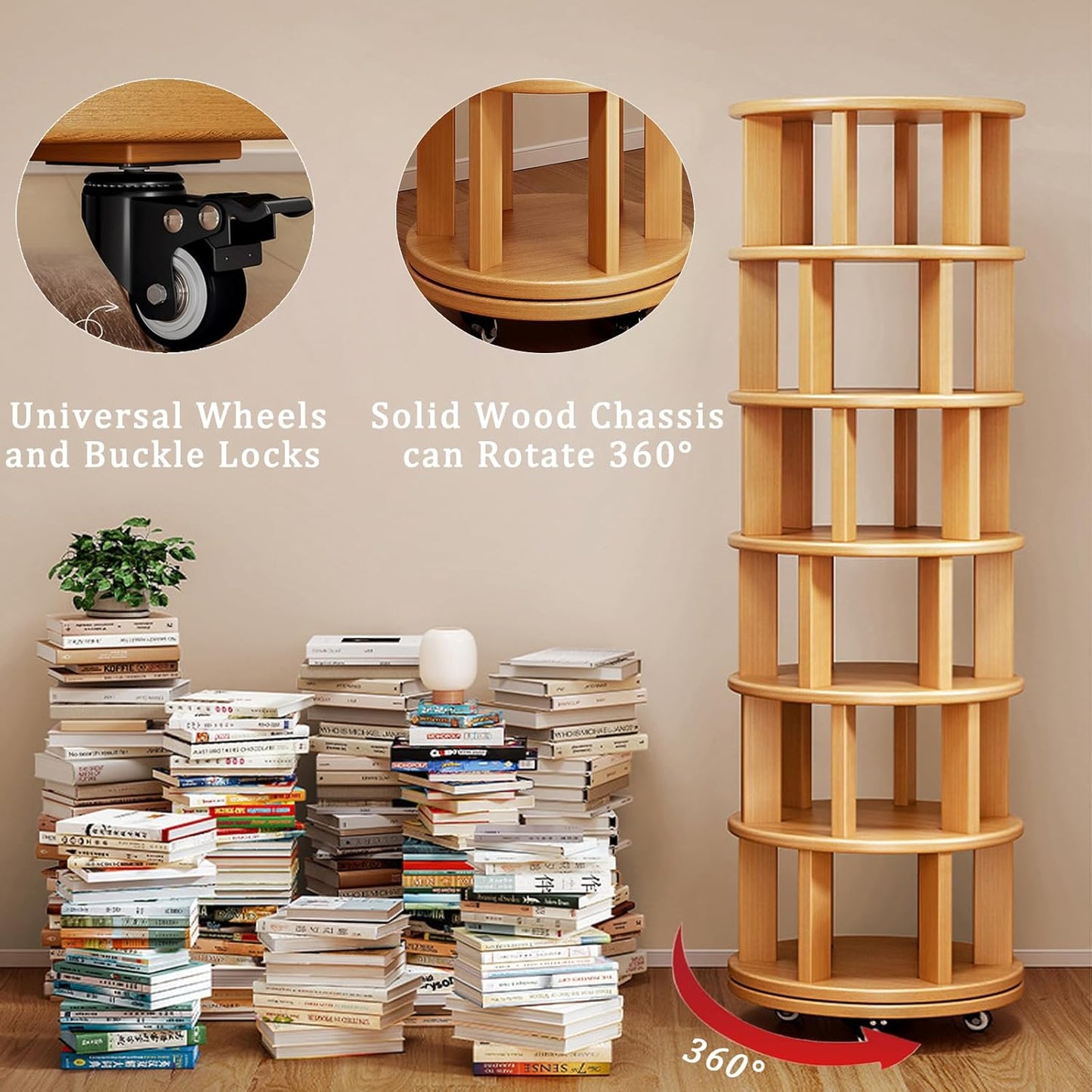 Wood Rotating Bookshelf on Wheels, 360-Degree Space Saving Bookcase, Large Capacity Spinning Bookshelf Tower for Living Room,Bedroom and Corners (Nature-5 Layers)