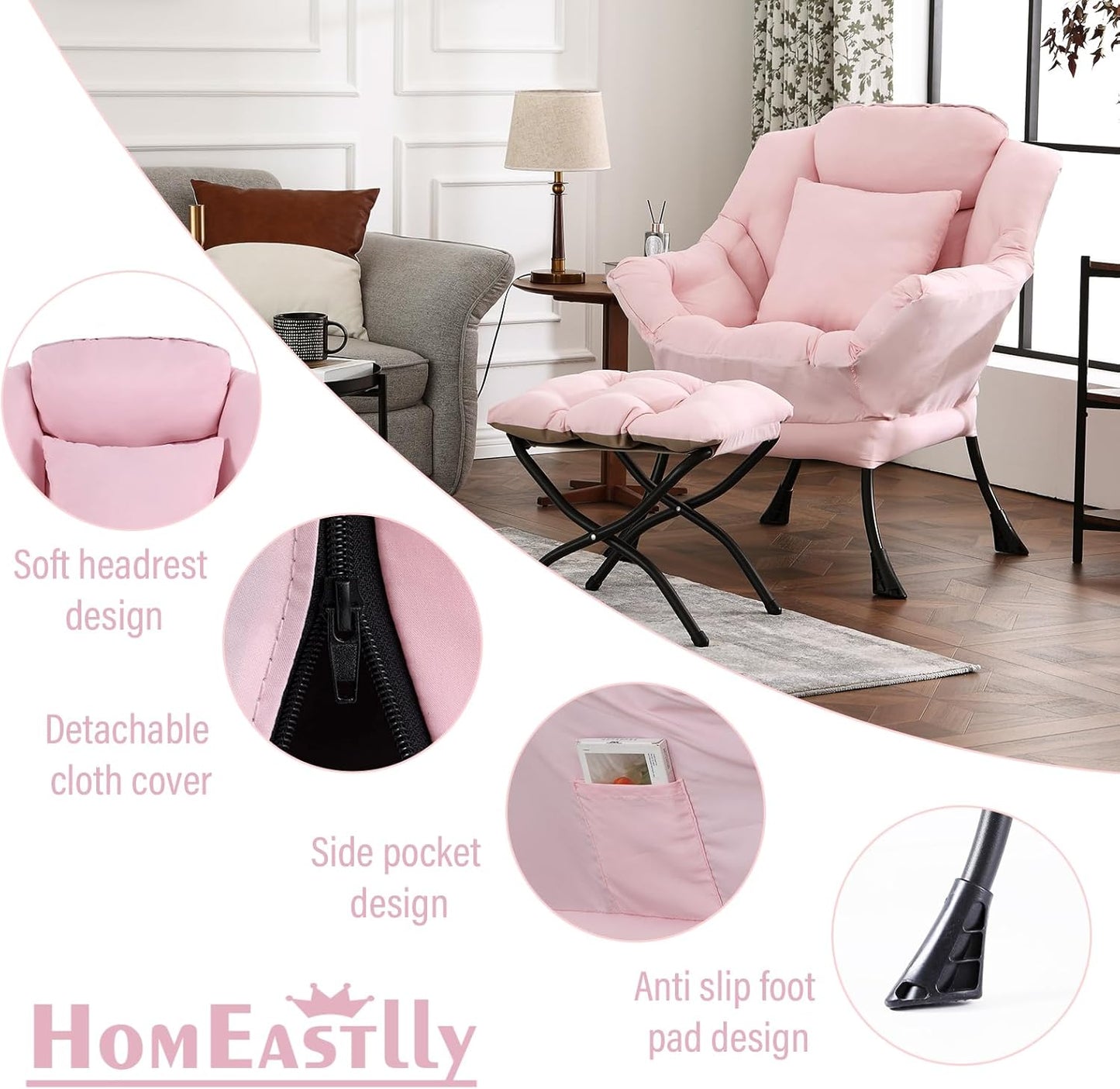 Large Lazy Chair with Ottoman, Accent Reading Chair with a Throw Pillow, Cozy Lounge Armchair, Leisure Sofa Chair for Living Room, Bedroom, Dorm, Peach Pink