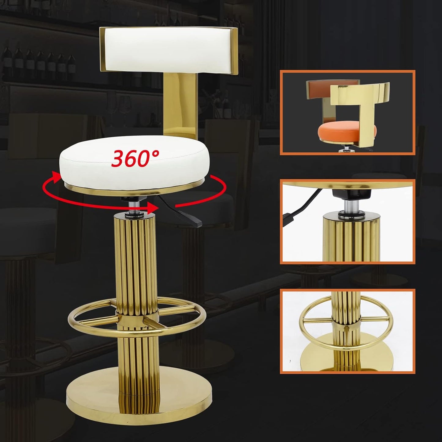 FUNROLUX Counter Height Bar Stools with Back, Modern Adjustable Height Barstools Swivel Bar Chairs with Polished Gold Stainless Steel Legs and Comfortable Cushion for Kitchen Island Counter (White)