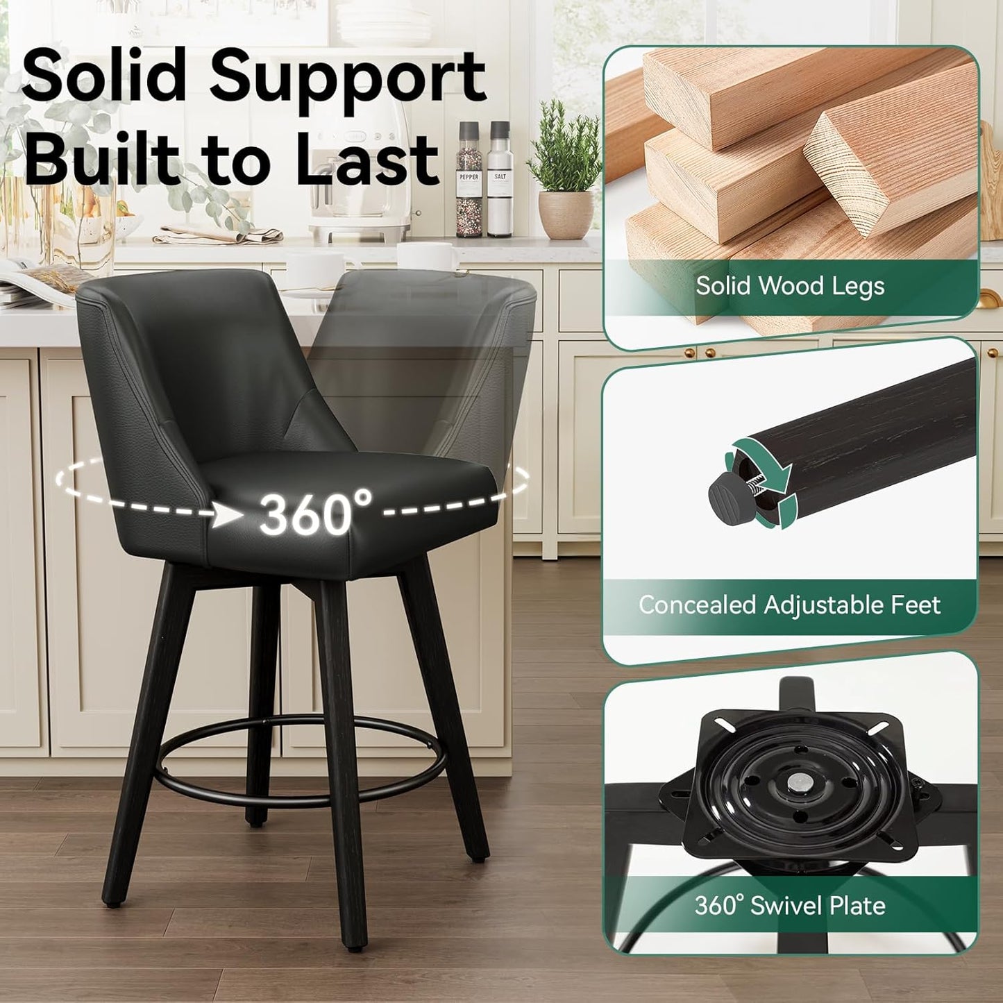 Vipbear Swivel Counter Height Bar Stools Set of 6,26.8" H Counter Stools with Back, Mid Century Modern Bar Stools for Kitchen Island,Faux Leather,Wooden Base, Black