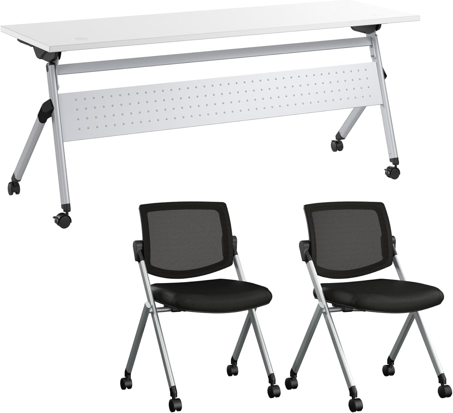 Bush Business Furniture Folding Training Table Set for 2, 72 inch, 2 Mesh Back Folding Chairs, Commercial-Grade Bundle for Office or Classroom, Envision Collection, White