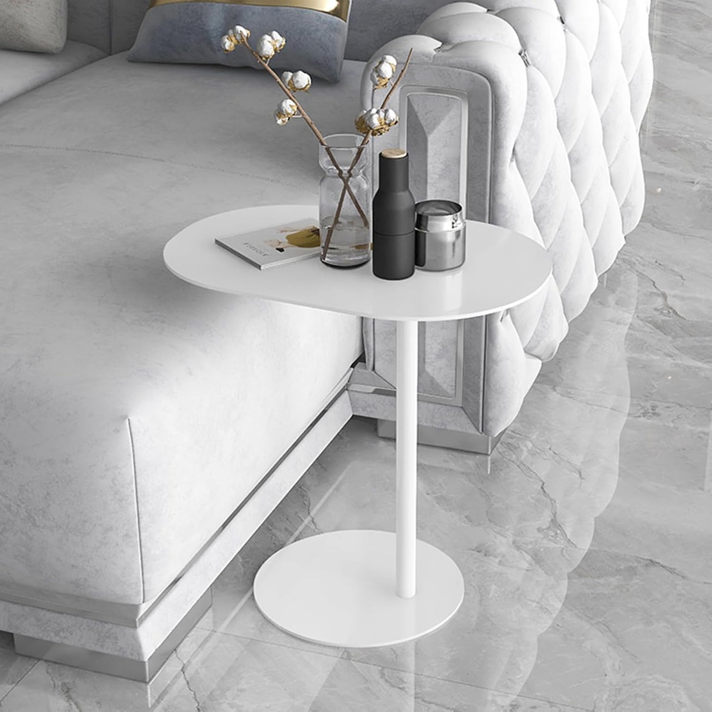 C-Shaped Side Table, Iron End Table for Couch Sofa and Bed, Small Metal White Side Tables for Living Room Bedroom (White, High-27.6in/70cm)