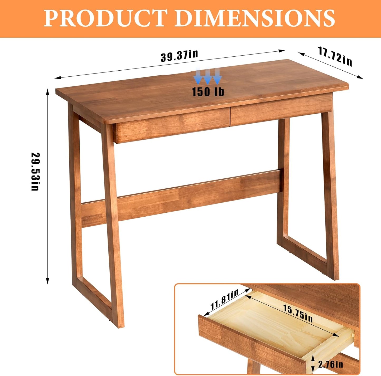 100% Solid Wood Writing Desk - Mid Century Modern Desk, Home Office Desks with Drawers, Walnut Vintage Desks, Laptop Computer Work Study Table for Bedroom, Living Room & Office