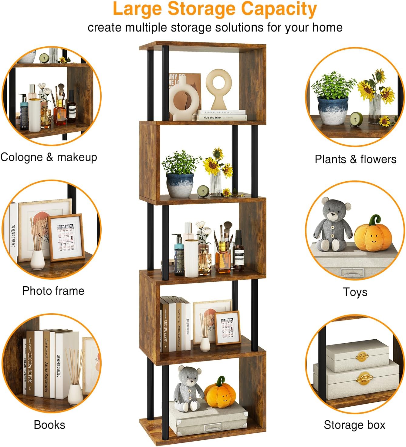 IBUYKE 6-Tier Tall Bookshelf,S-Shaped Geometric Bookcase, Wood Display Shelves with Storage,Industrial Bookshelf for Living Room Bedroom, Home Office, Rustic Brown WBC016H