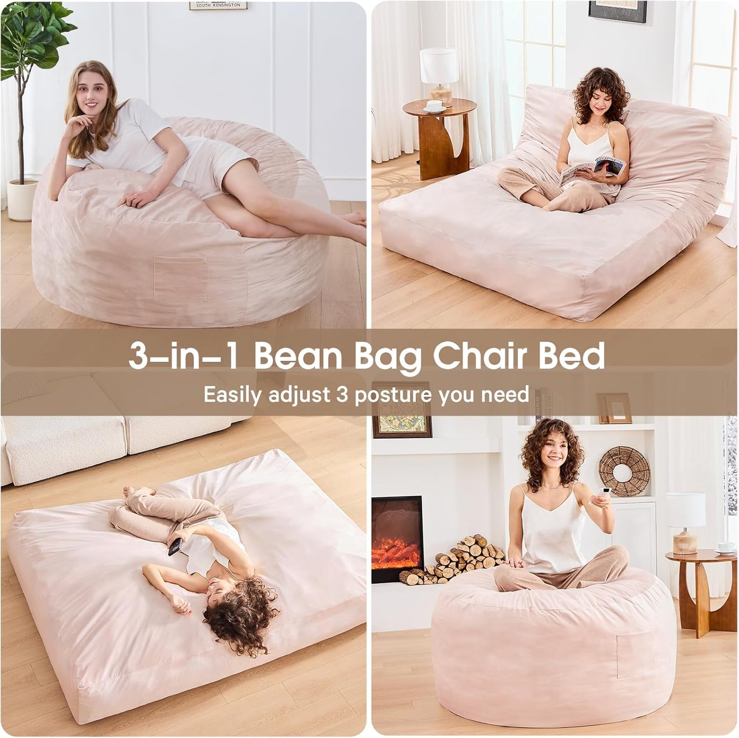 Bean Bag Chairs for Adults - Giant Bean Bag Chair Convertible Bean Bag Bed - Beanbag Chair with Micro Fiber Cover/Furniture Foam Filler - Floor Couch Sofa in Bedroom Dorm Room - Queen Pink