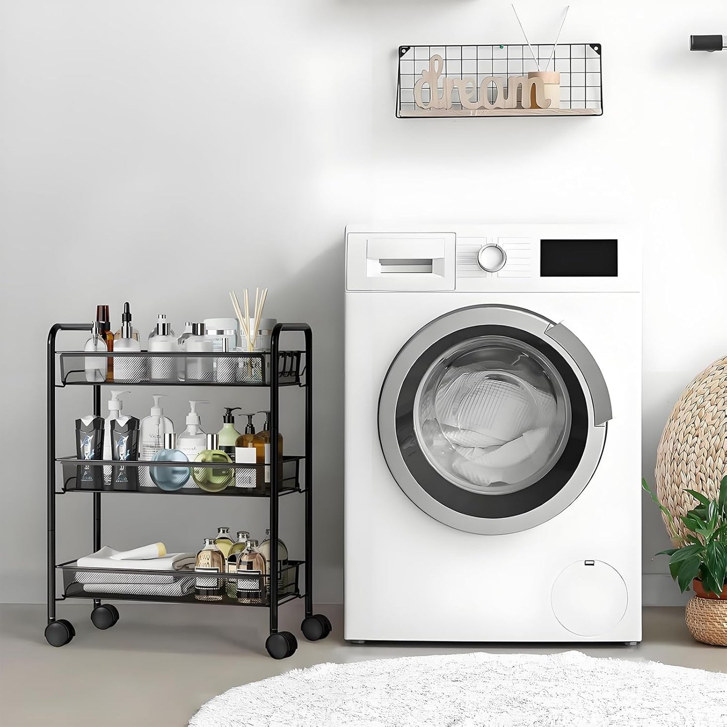 3 Tier Rolling Cart, Mesh Wire Utility Carts, Metal Storage Shelf with Wheels & 4 Side Hooks, for Laundry Room Organization, Kitchen, Living Room, Bathroom, Pantry, Dorm & Under Desk Storage