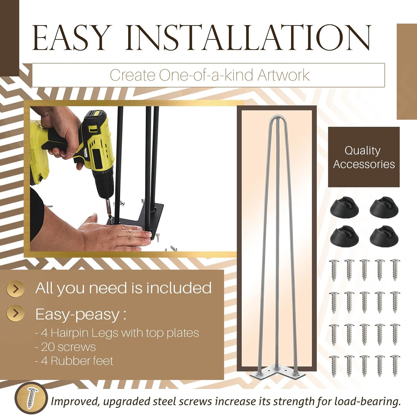 TEN49 Heavy Duty Hairpin Furniture Leg - 40 Inch Industrial Metal Table Legs - 1/2" Extra Thickness 3 Solid Rods Raw Steel Color Leg - Fit for Modern Shelving, Standing Desk, Bar Height Table Legs