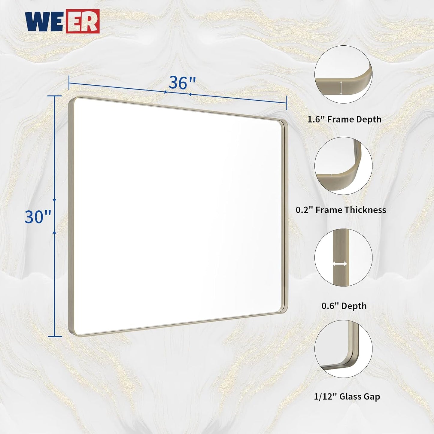 WEER 36X30 Inch Brushed Nickel Bathroom Mirror, Brushed Silver Metal Frame Mirror, Rounded Rectangle Silver Bathroom Vanity Mirror, Tempered Glass, Anti-Rust, Hangs Horizontally or Vertically