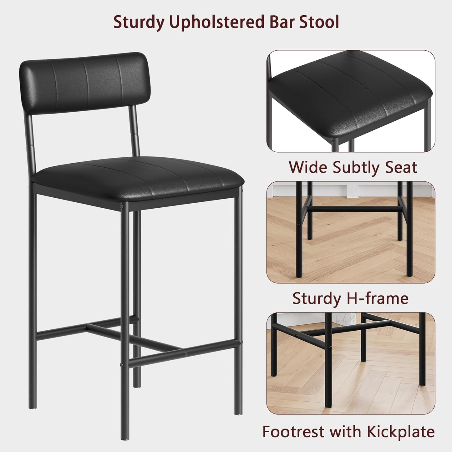 GarveeHome Bar Stools Set of 2, Upholstered Counter Height Bar Stools with Backrest and Footrest, Kitchen Barstools for Island, Counter Bar, Easy Assembly, Black