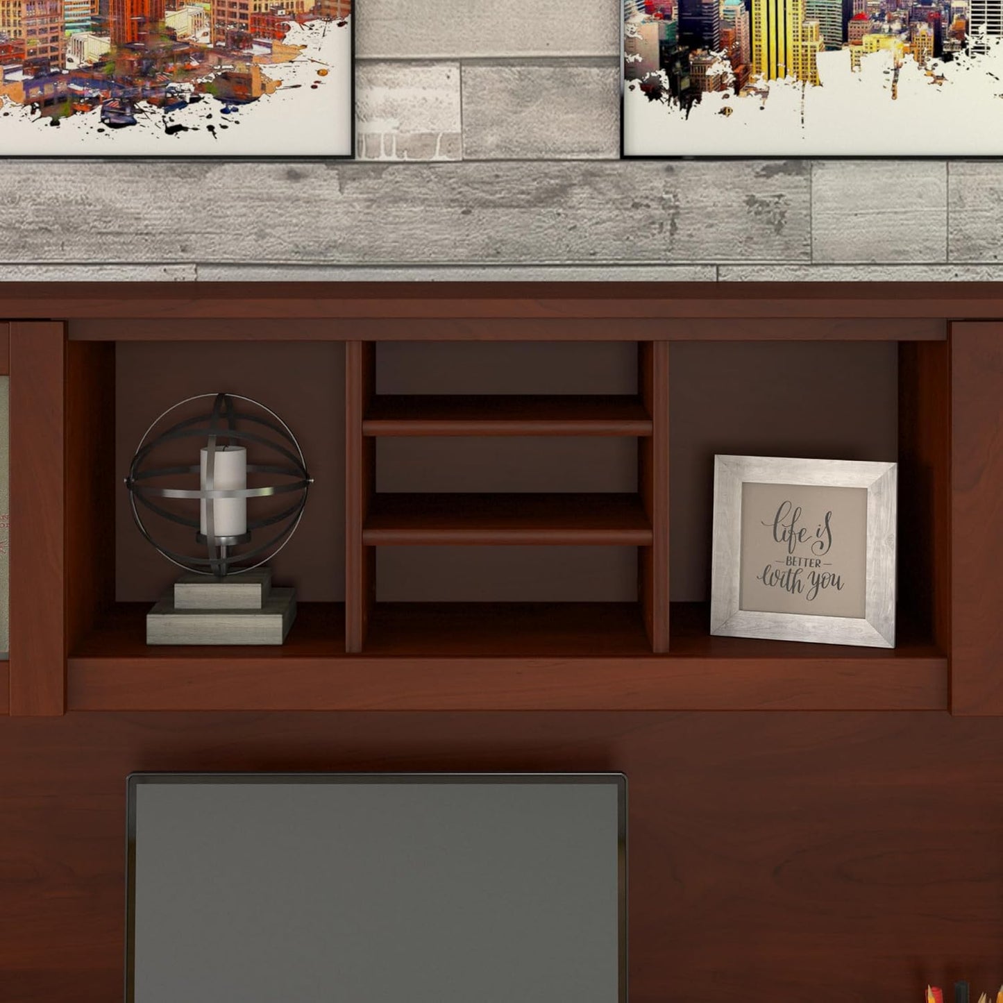 Bush Furniture Somerset 72W 3 Position Sit to Stand L Shaped Desk with Hutch in Hansen Cherry