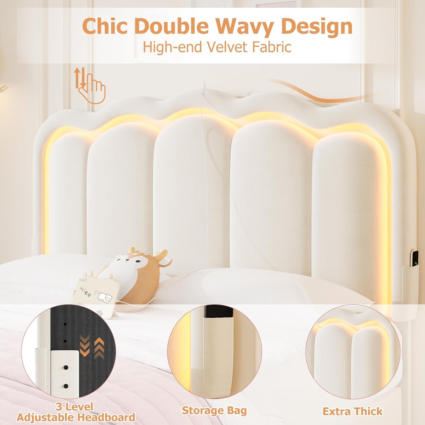 Queen Upholstered LED Bed Frame with 2 Storage Drawers and Adjustable Chic Double Wavy Headboard, Velvet Princess Platform Bed with Charing Station, Solid Wood Slats Support,No Box Spring Needed,Beige