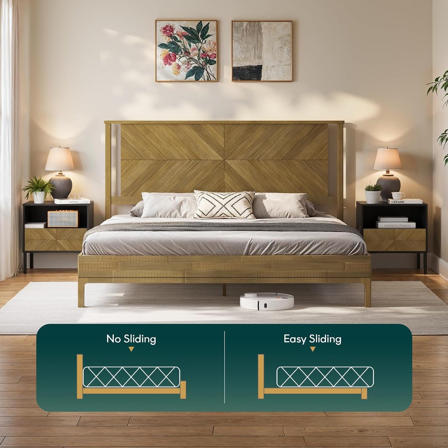 Bme Vivian 14 Inch Deluxe Bed Frame with Headboard, Rustic & Scandinavian Style with Solid Acacia Wood, No Box Spring Needed, 12 Strong Wood Slat Support, Easy Assembly, King, Rustic Seadrift