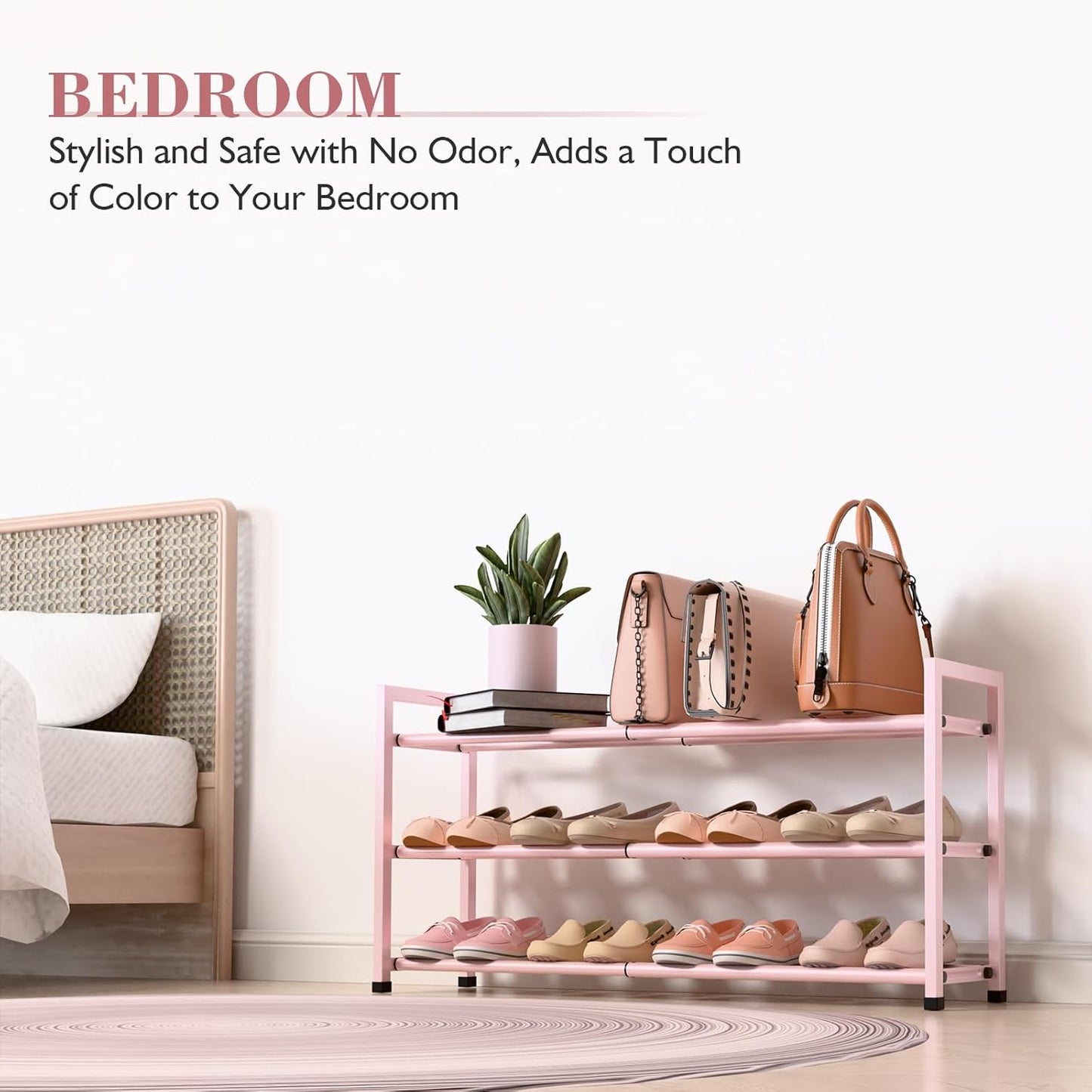 Bumusty 3-Tier Expandable Shoe Rack for Closet, 18“-33” Adjustable Shoe Rack for Small Space, Small Shoe Organizer for Front Door, Sturdy Metal, Pink