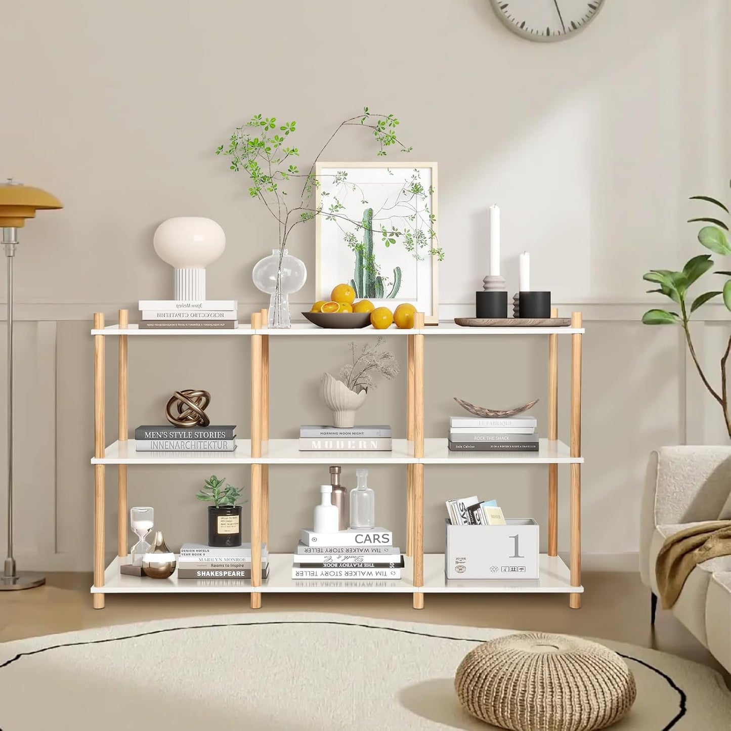 YGYQZ 3 Tier Short Book Shelf, Wood Shelves with Open Back Long Horizontal 6 Cube Storage Shelf Book Shelves for Office, Living Room, Bedroom, Rustic Shelf (White)