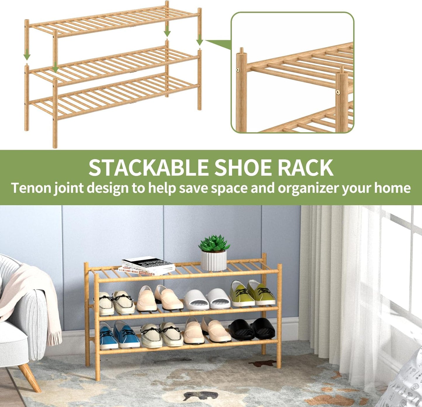 3-Tier Bamboo Long Shoe Rack, Free Standing Wood Shoe Shelf Storage Organizer for Closet Entryway Stackable 35"x11"x20" (Natural)