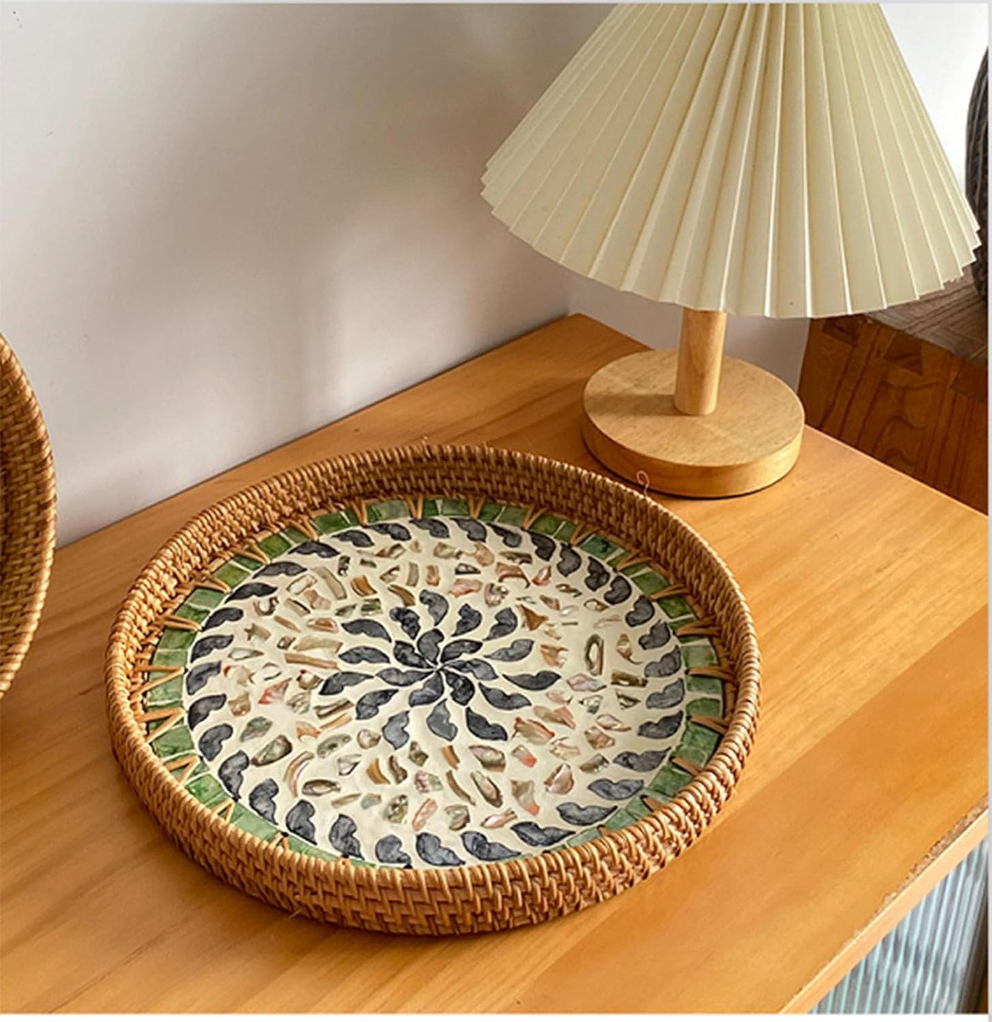 Round Rattan Side Table, Handmade Rattan Tray with 3 Legs, Mother of Pearls Inlay Coffee/Accent Table, Round end/Side Tables for Living Room, Bedrooms, Pedestal Plant Stand for Balcony