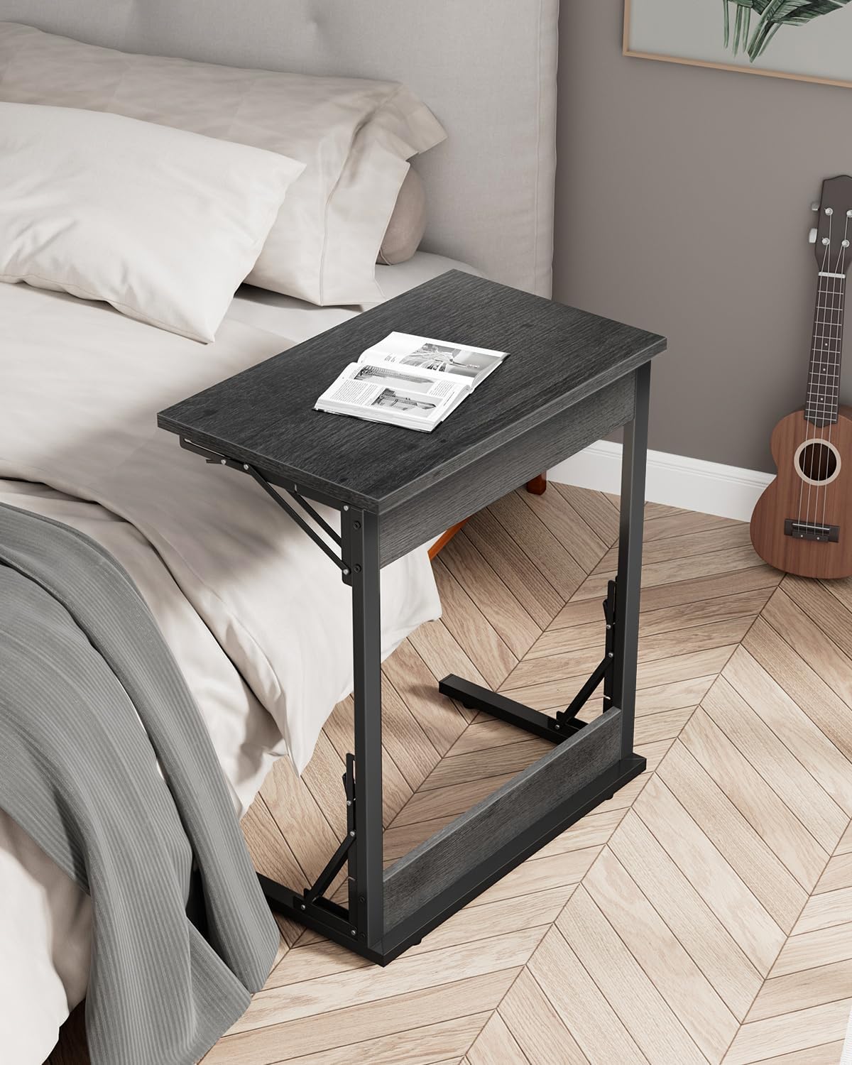 Tatub 24" Wide Folding C-Shaped End Table, Small Side Desk for Couch, Sofa TV Tray Table with Metal Frame for Living Room, Bedroom, Light Gray