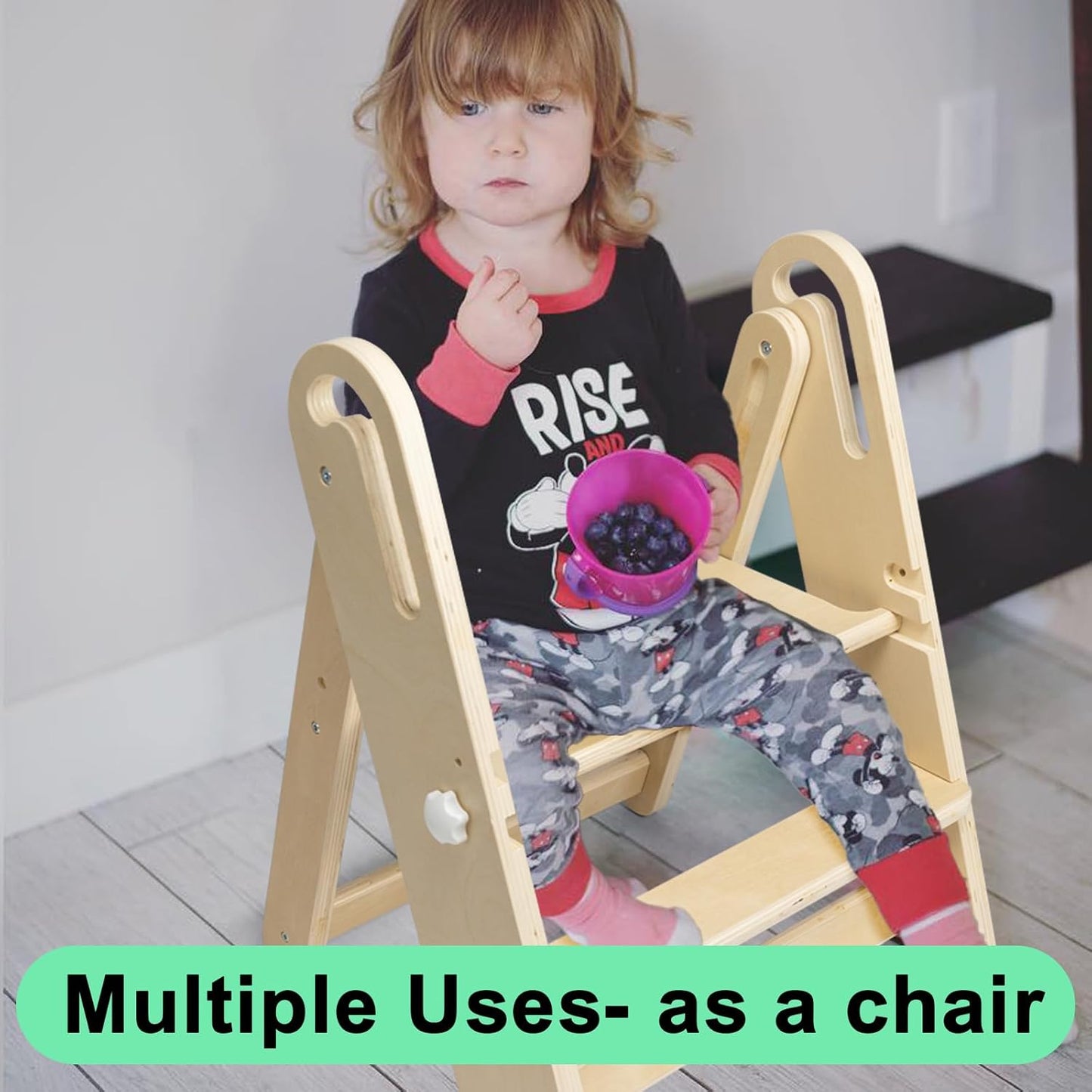 WOOD CITY Step Stool Foldable for Toddlers, Adjustable Kids Step Stool for Bathroom Sink Toilet Potty Training Stool with Handles Child Kitchen Counter Stool Helper Montessori Kitchen Stools