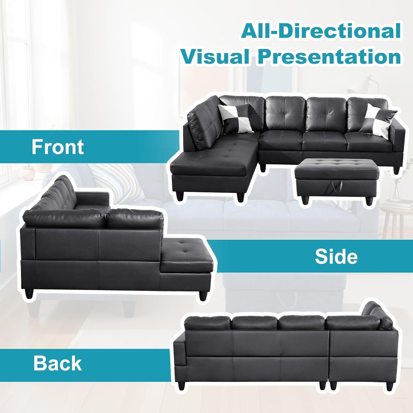 L Shaped Couch Faux Leather Sectional Couch Upholstered 3 Pieces Sofas for Living Room with Chaise, Storage Ottoman for Office and Small Apartment, Black