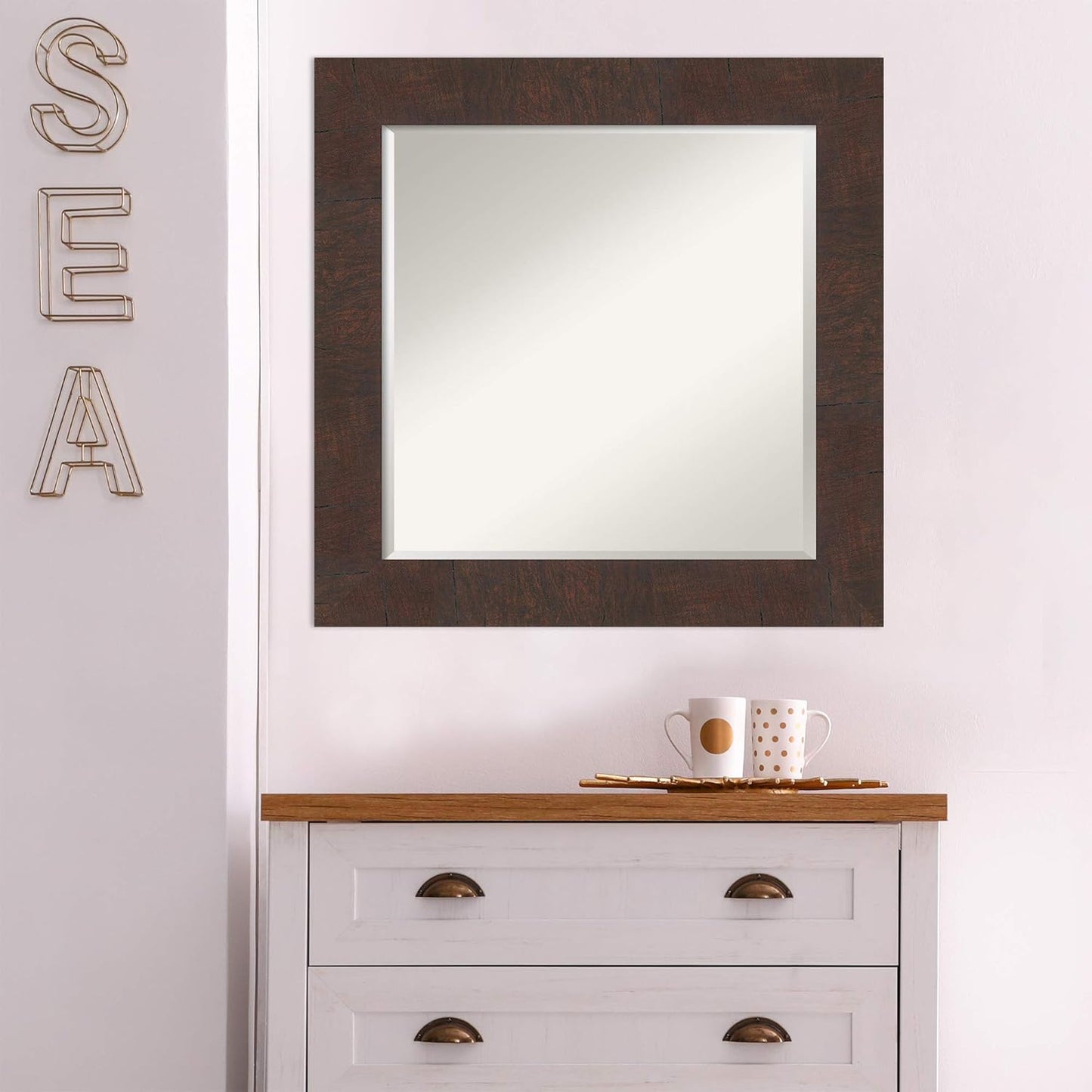 Amanti Art Brown Bathroom Mirror for Over Sink, 25x25 Wildwood Brown Square Vanity Mirror, Medium Rustic Farmhouse Frame, Hangs Horizonally and Vertically, Bathroom Wall Decor, Beveled Edge