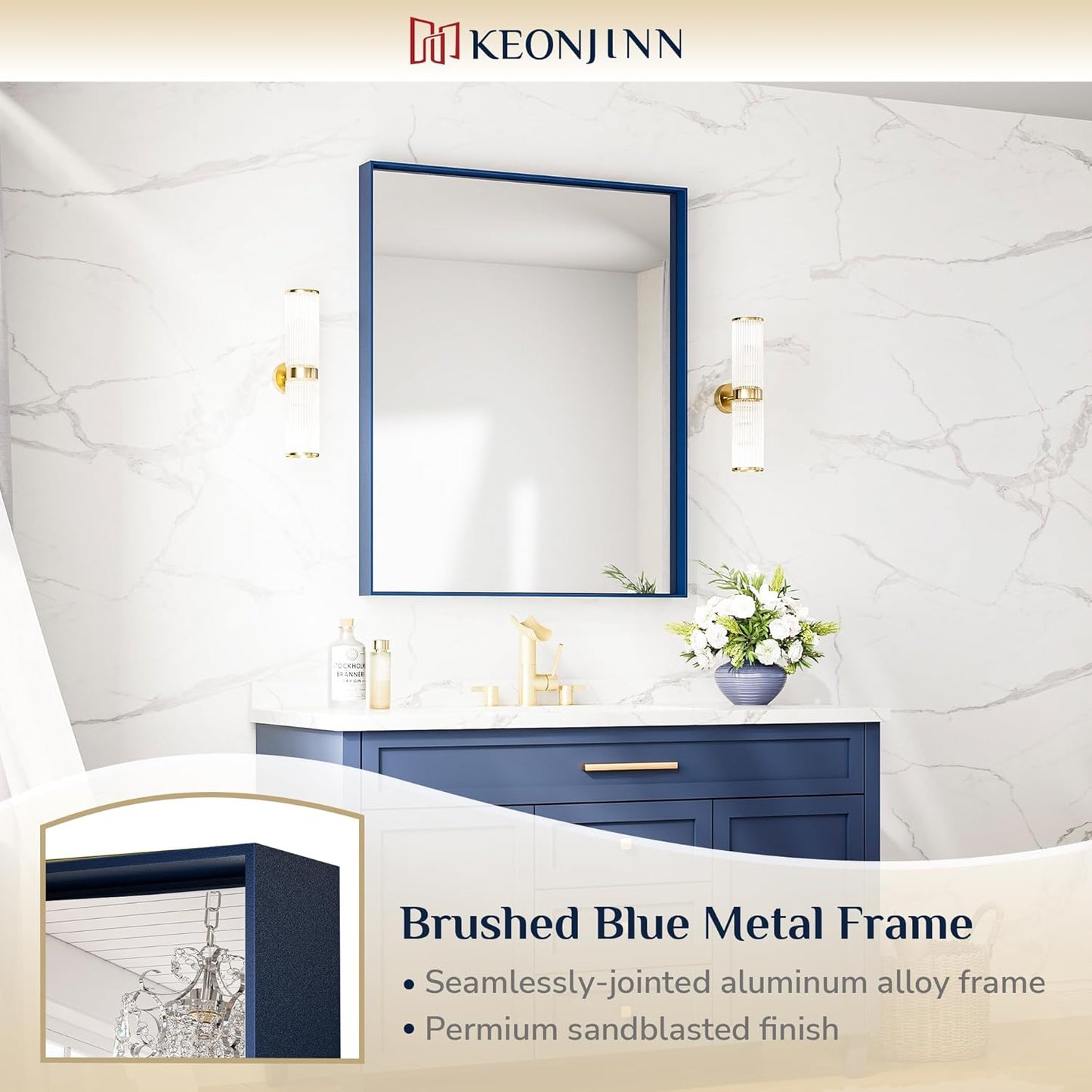 Keonjinn 30 x 36 Inch Blue Bathroom Mirror Metal Frame Navy Blue Wall Mirror for Bathroom Sink Rectangular Brushed Framed Vanity Mirror Square Corner Modern Rectangle Mirror(Horizontal/Vertical)
