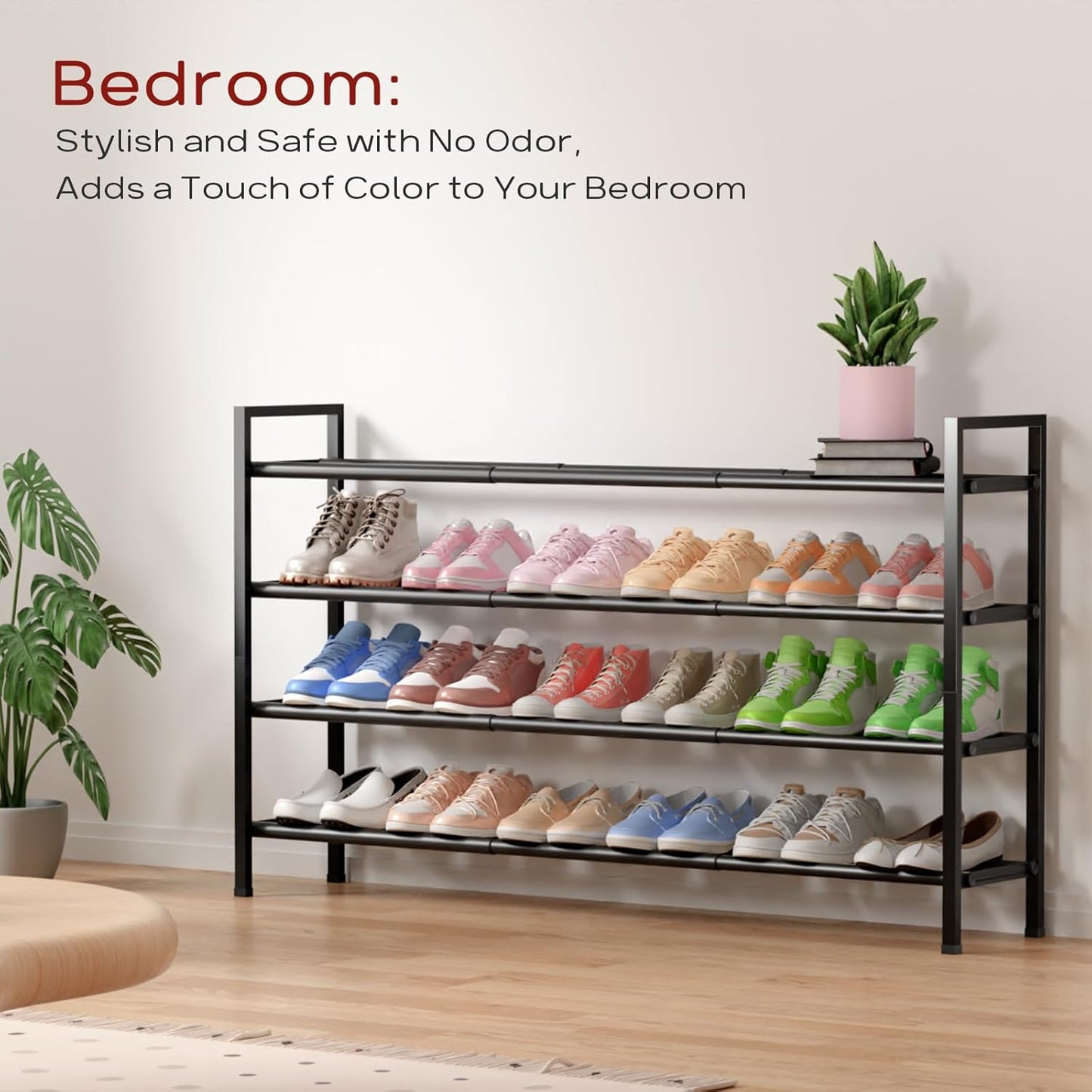 Bumusty 4-Tier Long Expandable Shoe Rack for Closet, 18"-44" Adjustable Shoe Rack for Entryway, 20-24 Pairs Large Shoe Organizer Shelf Storage, Sturdy Metal, Black