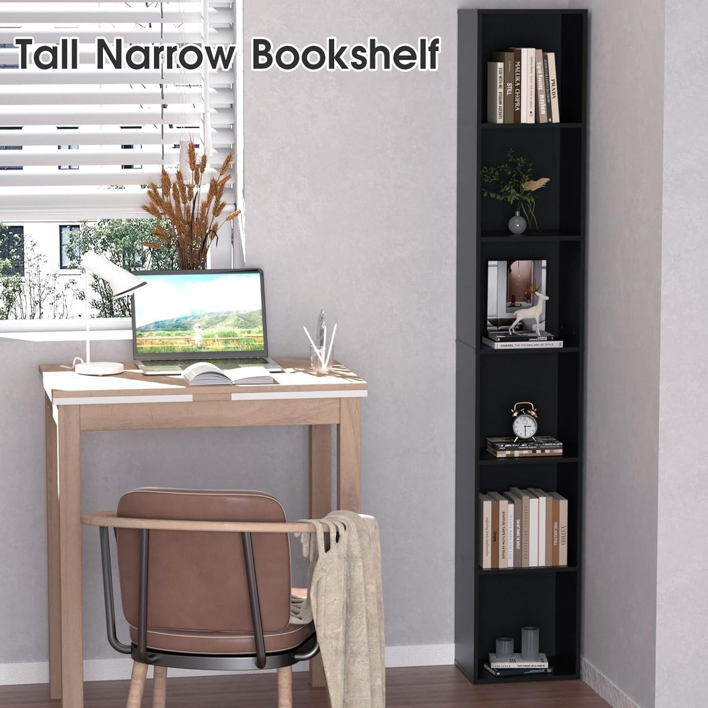 Tall Narrow Bookshelf 6-Tier Bookcase,70.5" Skinny Thin Corner Shelf Slim Storage Cabinet,Wood DVD CD Media Cube Organizer Tower Rack for Small Spaces, Bedroom, Living Room, Office,Black