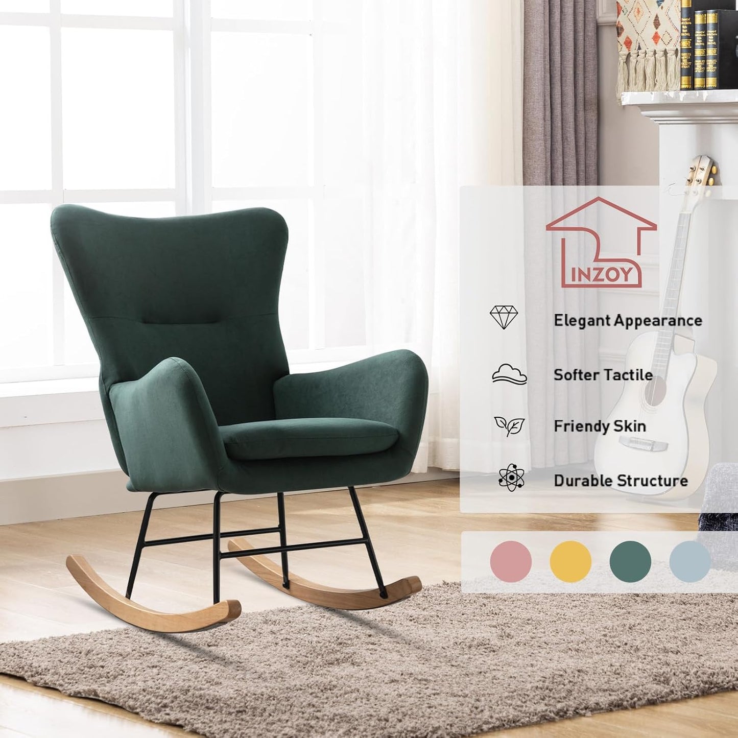 Phoenix Home Rocking Chair Nursery Velvet Upholstered Glider Rocker Rocking Accent Chair Padded Seat with High Backrest Armchair Comfy Side Chair for Living Room Bedroom Offices, Green