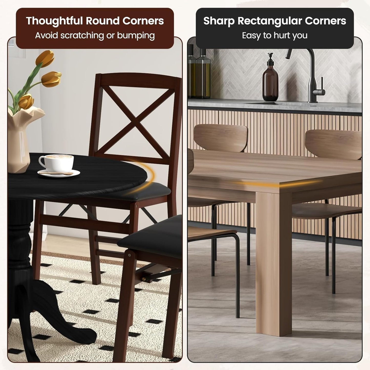 COSTWAY Round Dining Table for 4, 39 inch Kitchen Table with Solid Rubber Wood Frame, Adjustable Foot Pads, Curved Trestle Legs, Mid Century Rustic Dinning Table for Living Room, Black