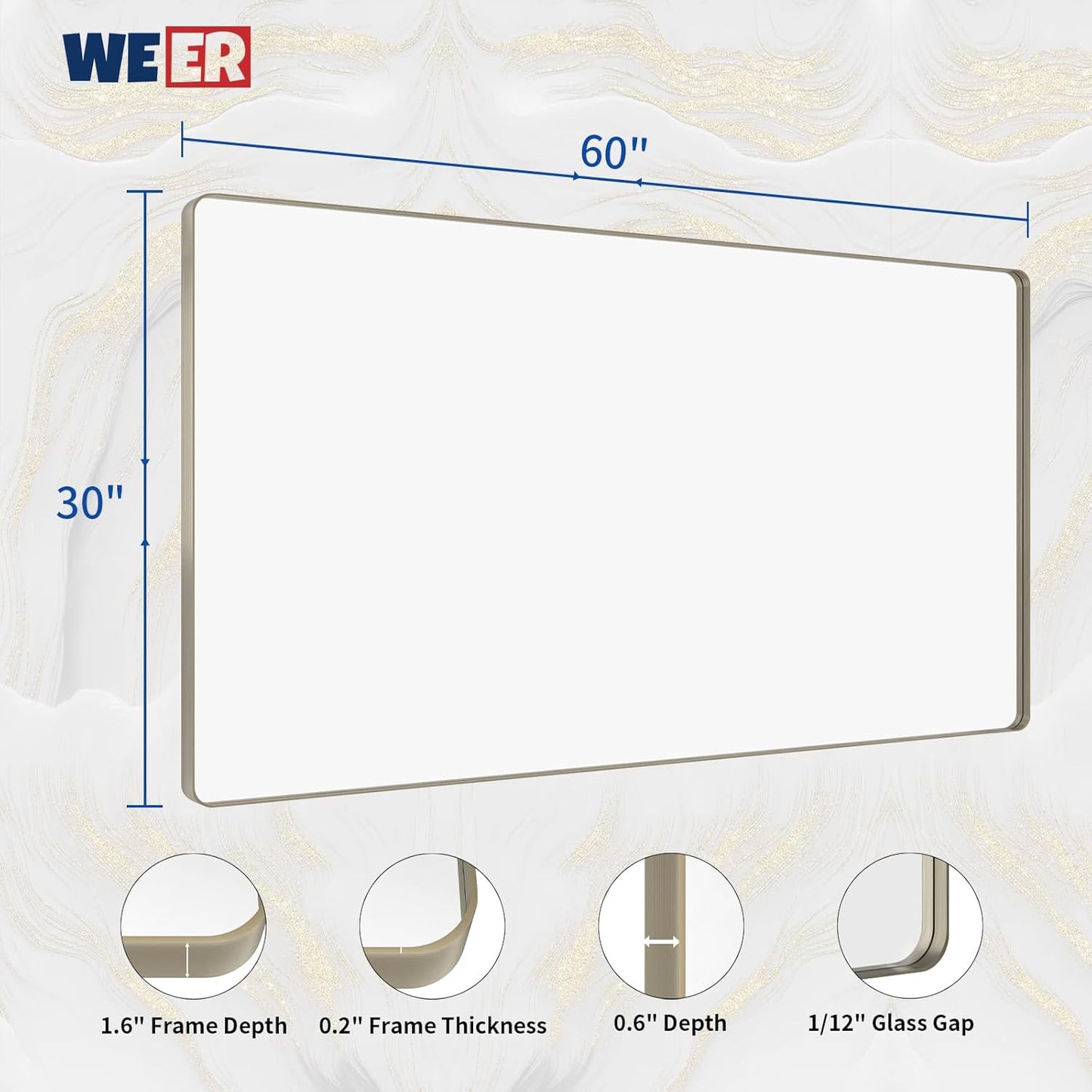 WEER 60X30 Inch Brushed Nickel Bathroom Mirror, Brushed Silver Metal Frame Mirror, Rounded Rectangle Silver Bathroom Vanity Mirror, Tempered Glass, Anti-Rust, Hangs Horizontally or Vertically