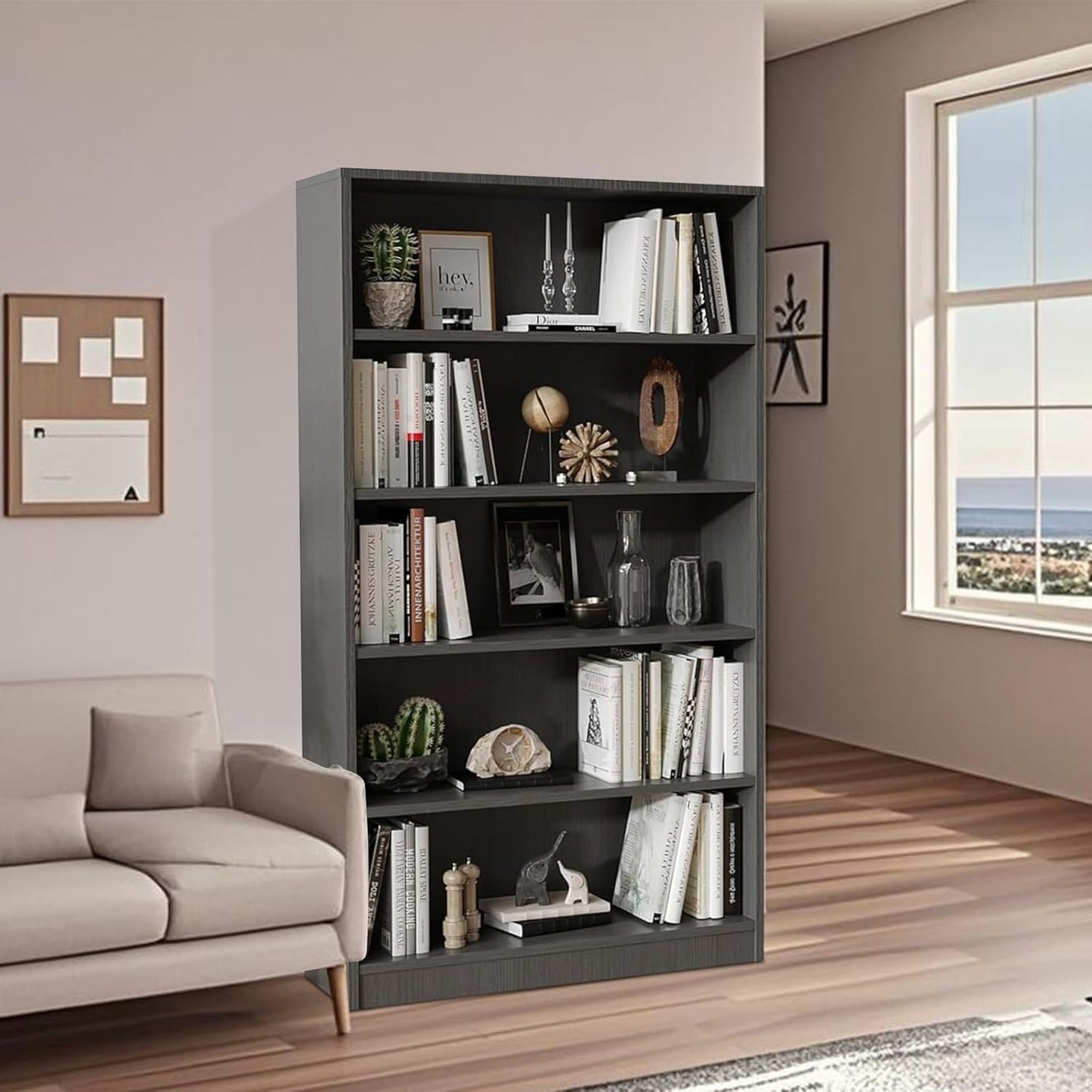 Wooden Bookshelf with Adjustable Shelves, 5 Tier Tall Bookcase for Living Room, Office or Small Spaces,Heavy Dute Bookshelves Storage Organizer, Manga Bookshelf for Collectors,60 Inch,Gray