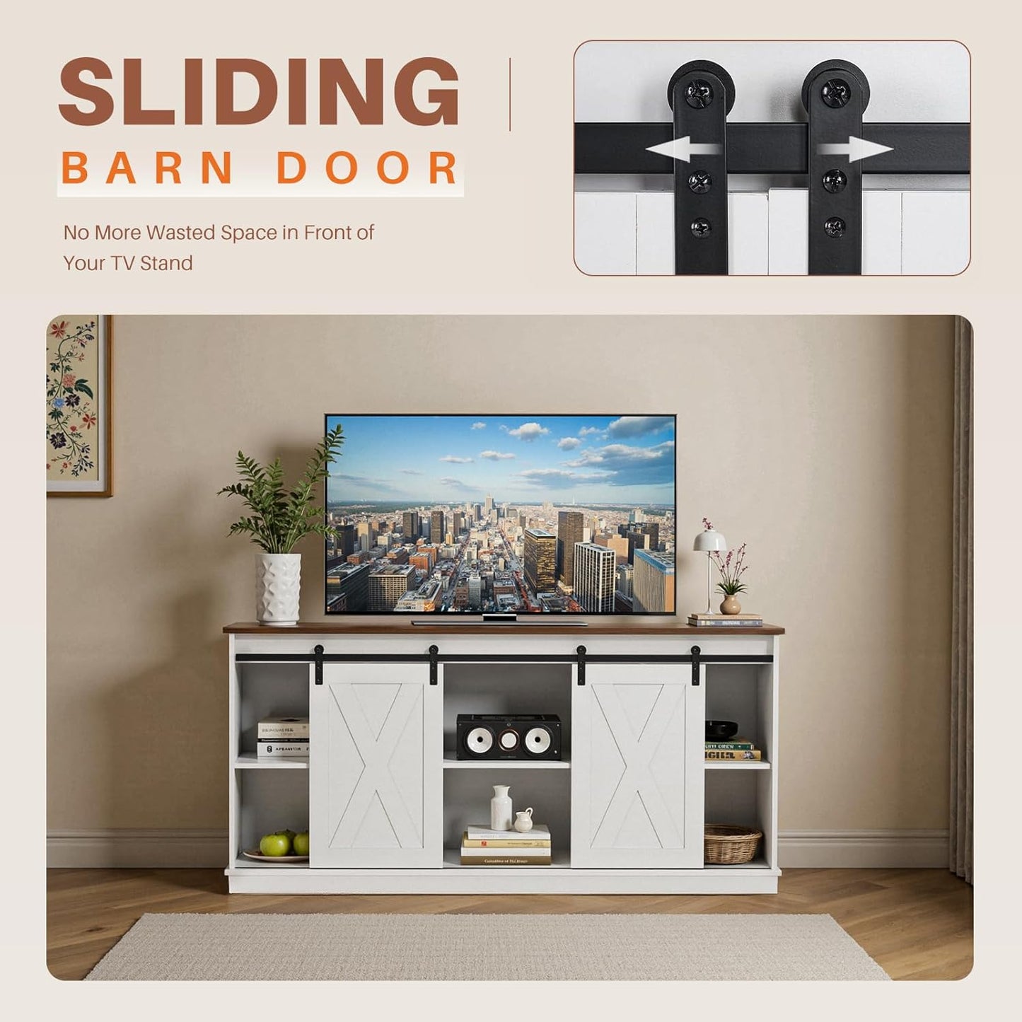Sweetcrispy TV Stand for Televisions up to 65 Inch Farmhouse Entertainment Center with Storage Cabinets Sliding Barn Doors Modern Living Room Furniture Media Console Table for Bedroom, White