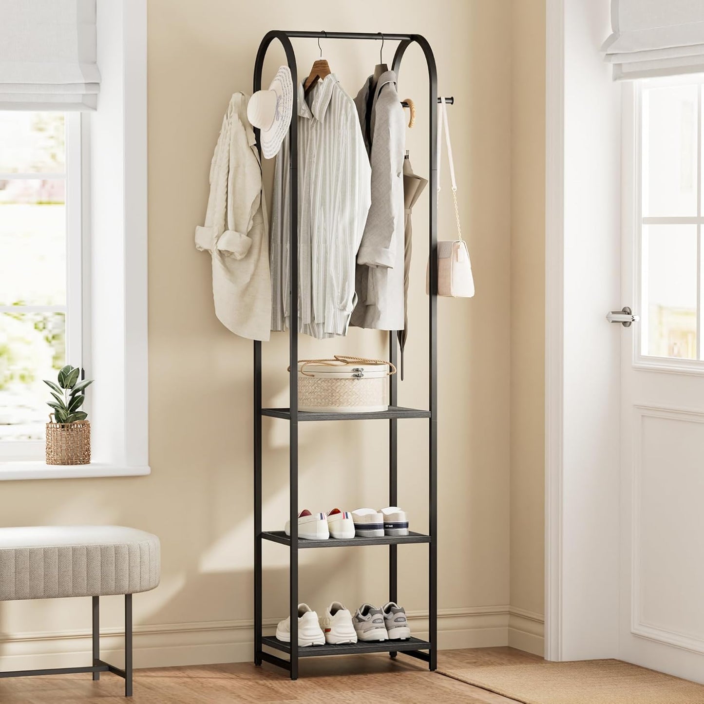 Garment Rack, Coat Rack With 3 Shelves and 4 Hooks, 71" H Clothes Stand For Hanging Clothes, Hanging Rod For for Bedroom, Hallway, Entryway, Office, Living Room, Black