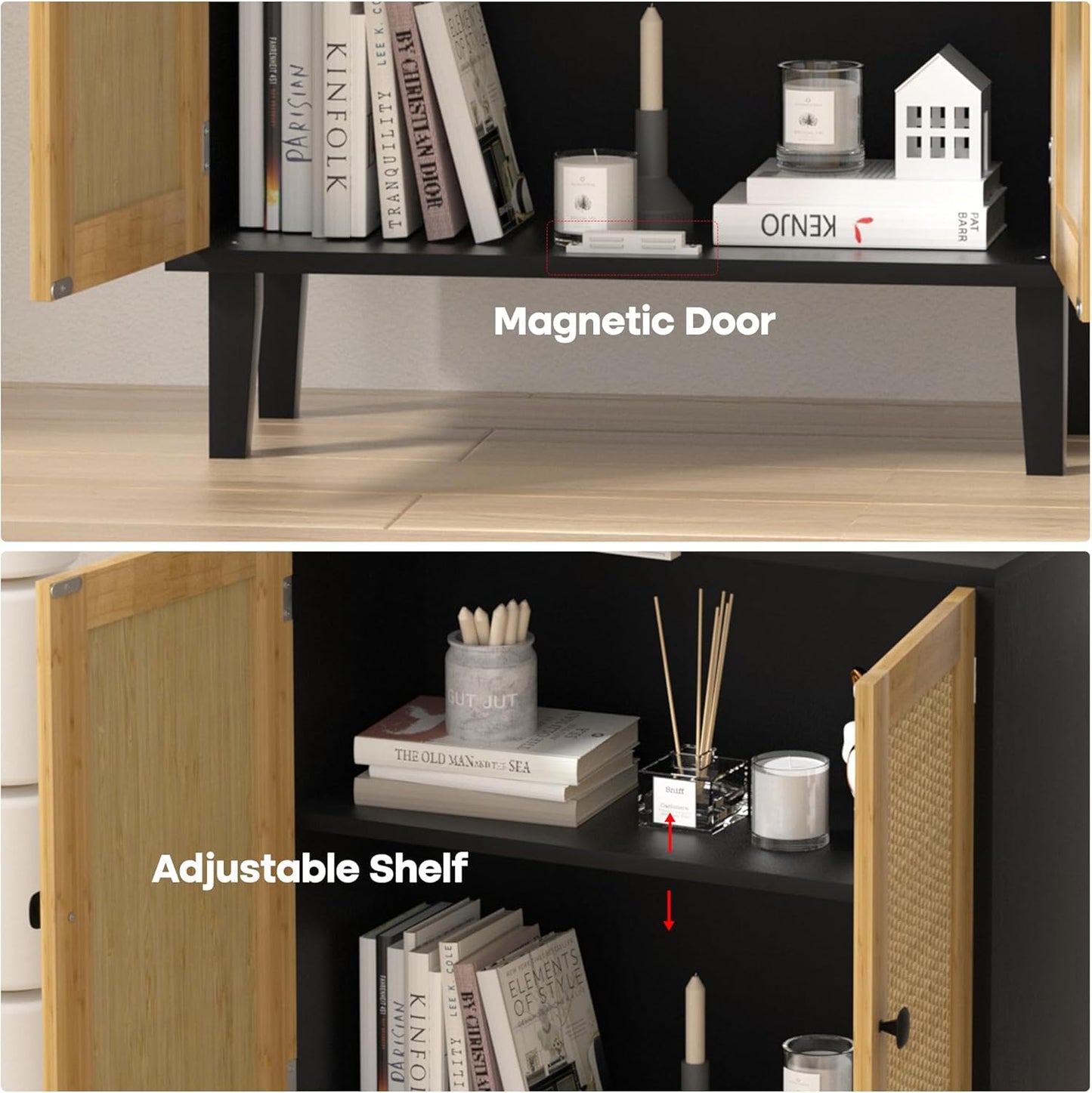 Bamboo Sideboard Buffet Cabinet with Rattan 2 Doors Kitchen Cupboard Accent Entryway Living Room Cabinet Black