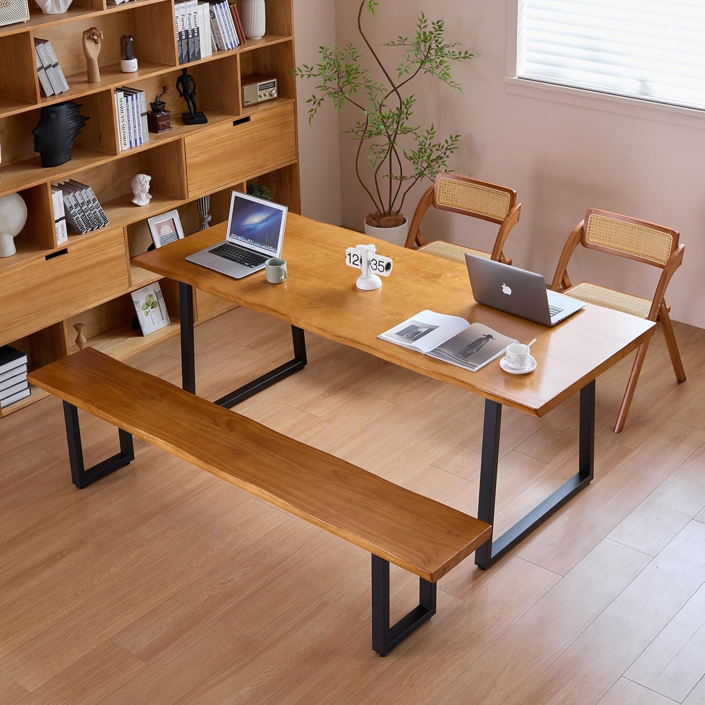 Solid Wood Top Bench with Metal Legs Durable Long Bench for Home Office Living Room Dining Room Versatile Multi Size Options Perfect Chair Stool Dining Bench Dining Chair (Light brown bench, 70.87in)