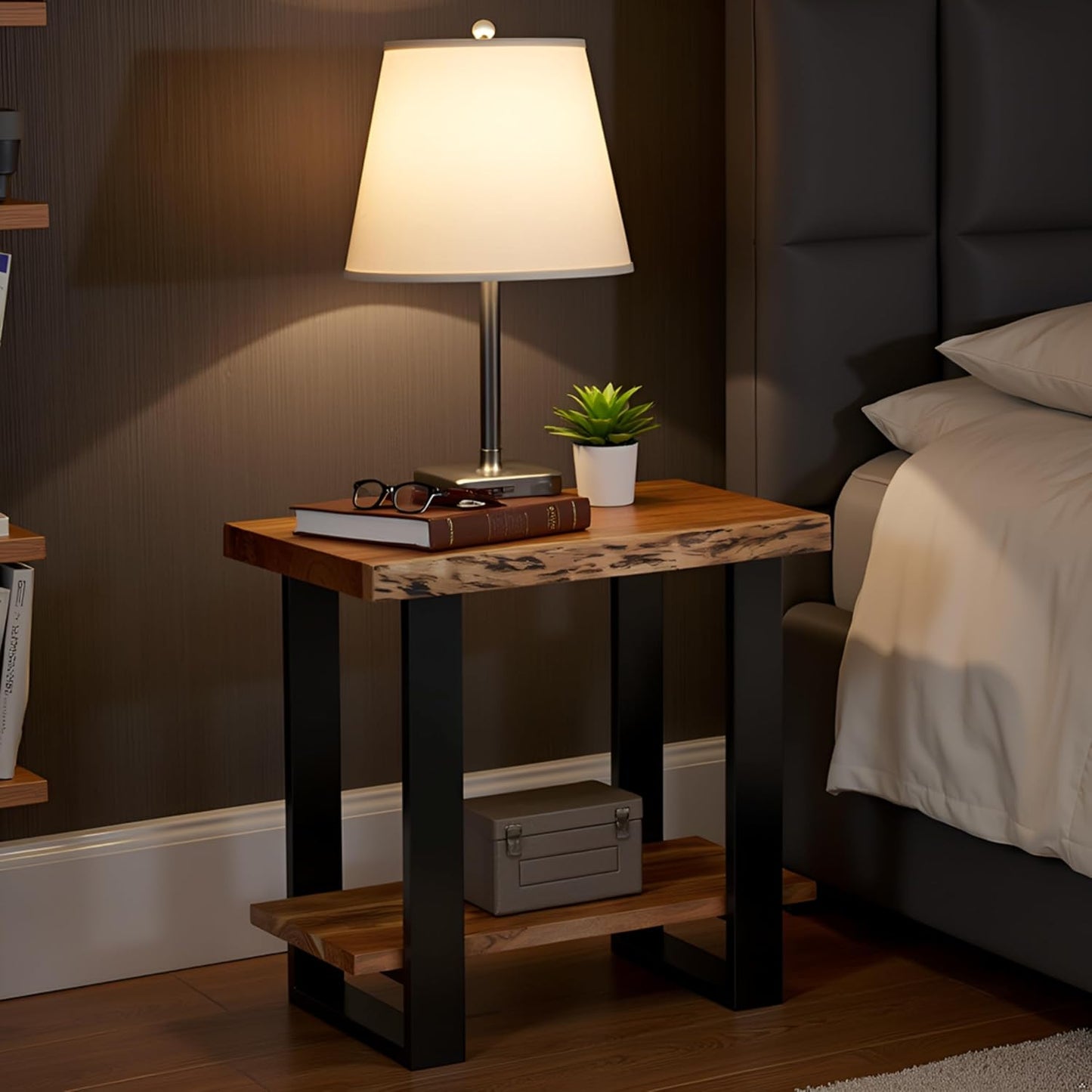 Alpine 2-Tier End Table with Live Edge Design – 27-Inch Solid Acacia Wood Industrial Side Table with Storage Shelf – Modern Nightstand or Accent Table for Living Room by Alaterre Furniture