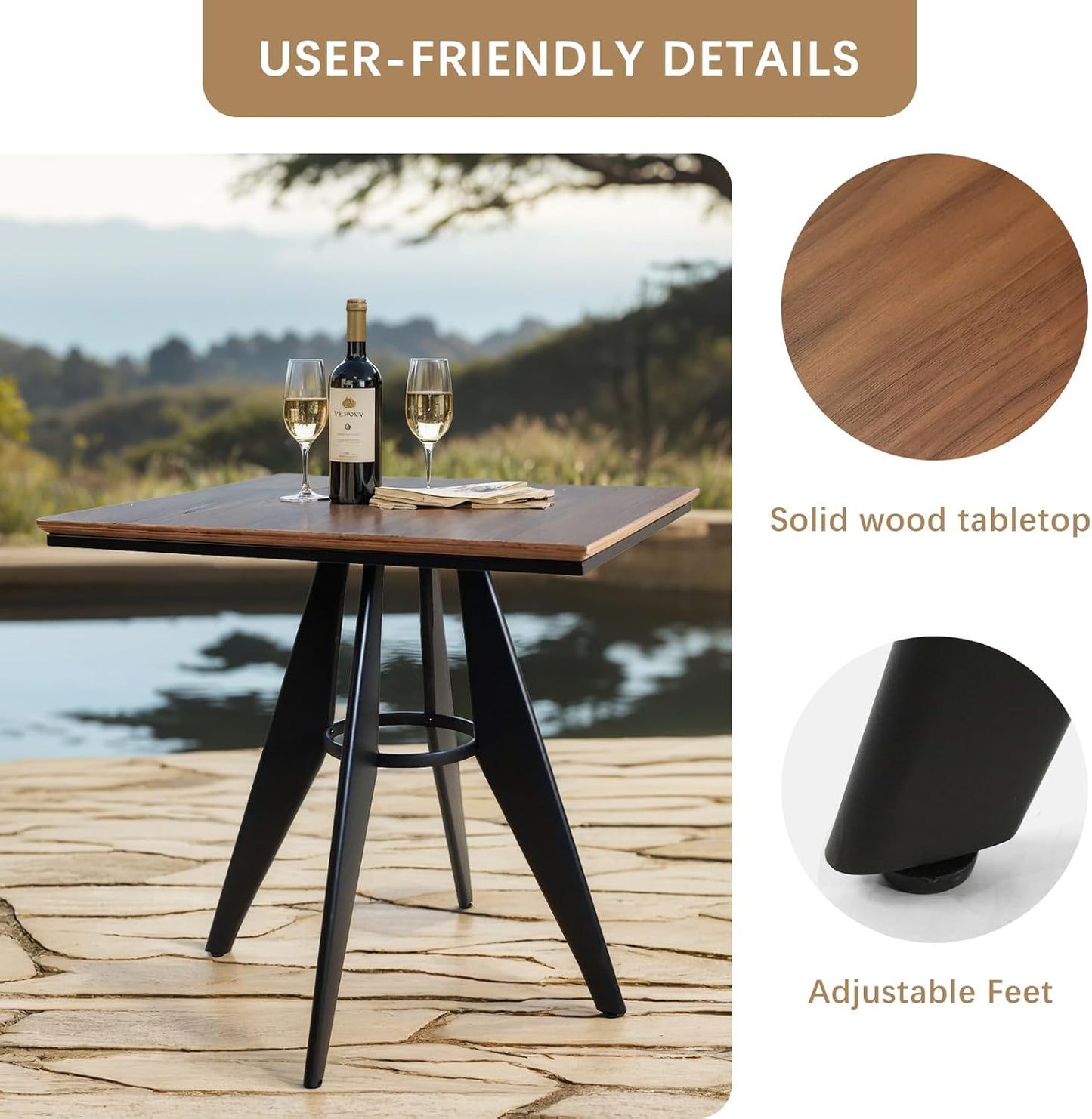 Square Cafe Table - 23.62" Oak Wood Top, Metal Frame, 28.15" High, Modern Industrial Dining Table for Kitchen, Home Office, Bistro, Compact for Space Saving