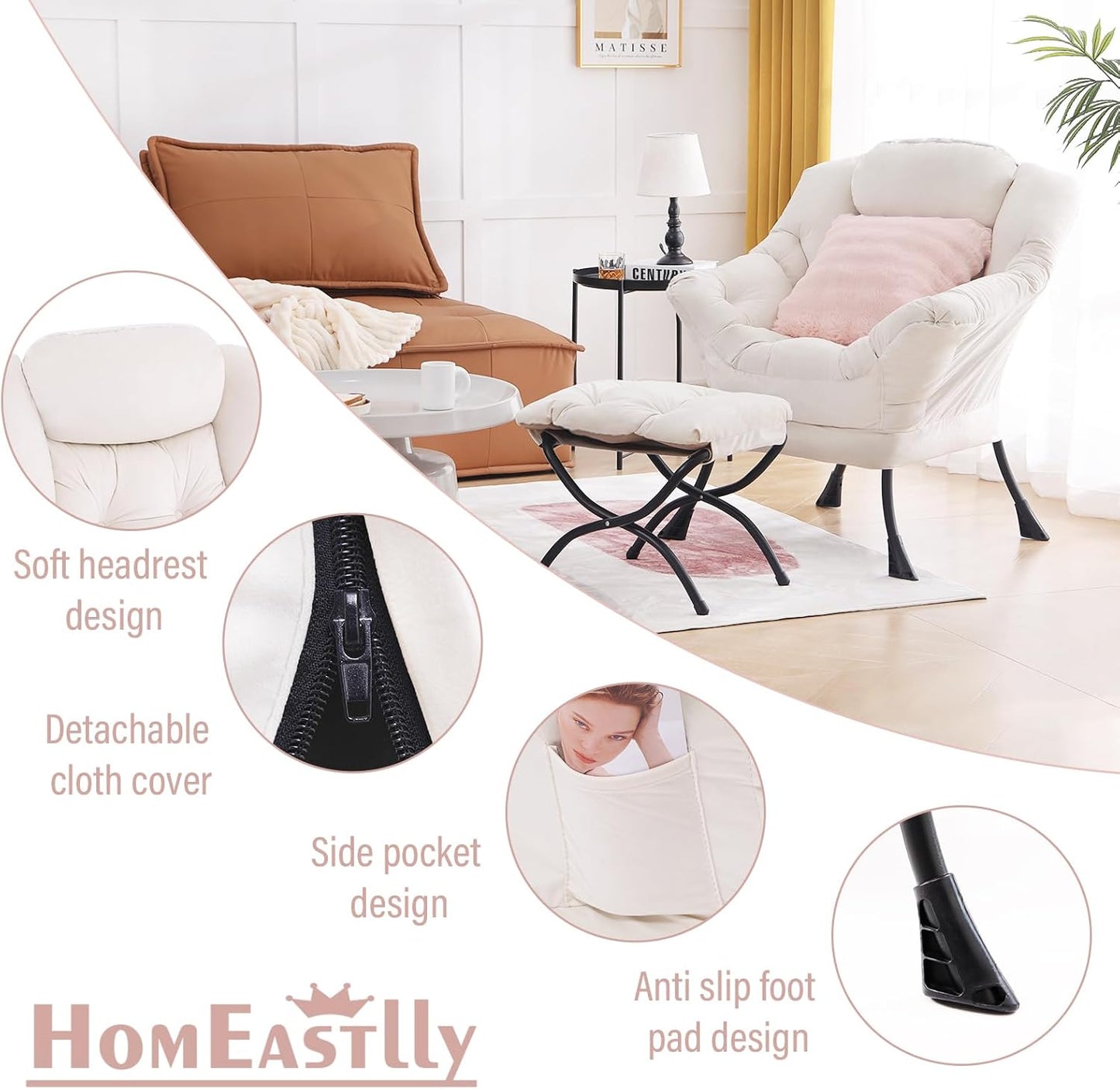 Lazy Chair with Ottoman, Modern Lounge Accent Chair with Armrests and a Throw Pillow, Leisure Sofa Chair Set, Reading Chair with Footrest for Living Room, Bedroom, Dorm Room, Office, Beige