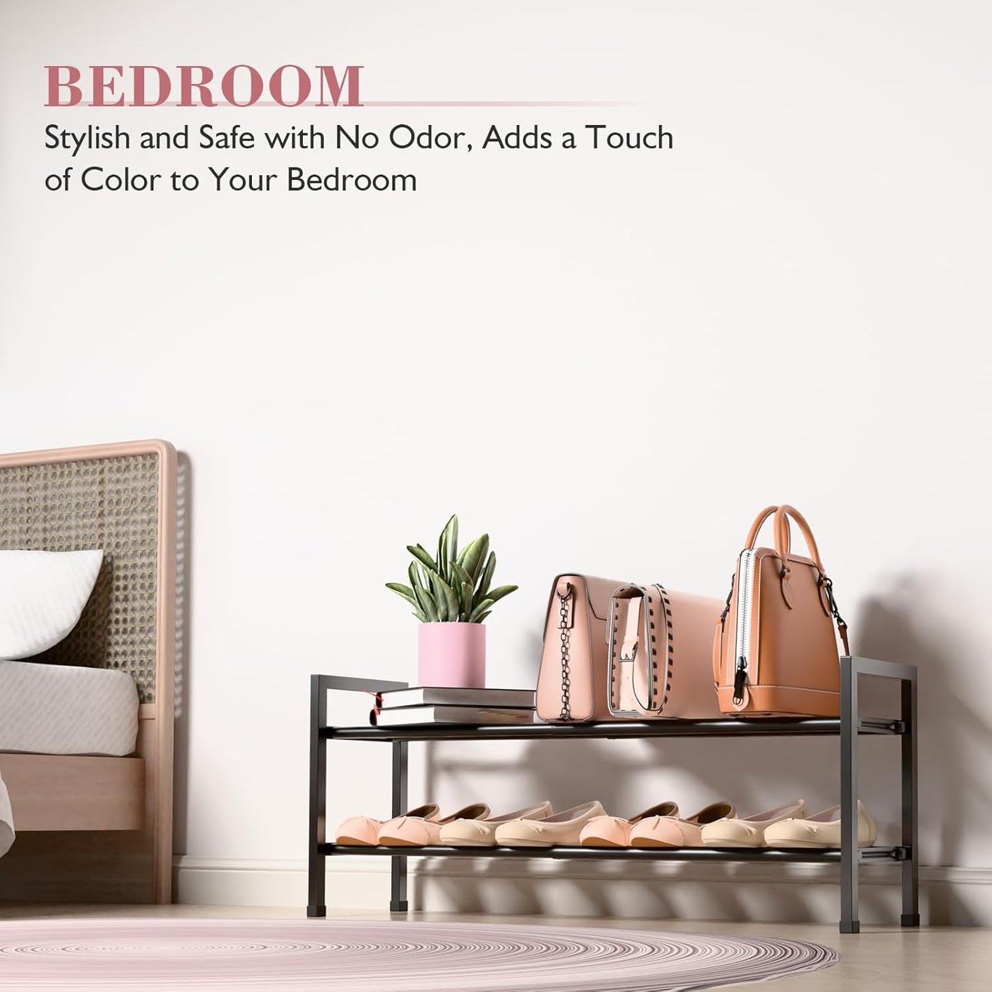 Bumusty 2 Tier Expandable Shoe Rack for Closet, 18“-33” Adjustable Shoe Rack for Small Space, Small Shoe Organizer for Front Door, Sturdy Metal, Black