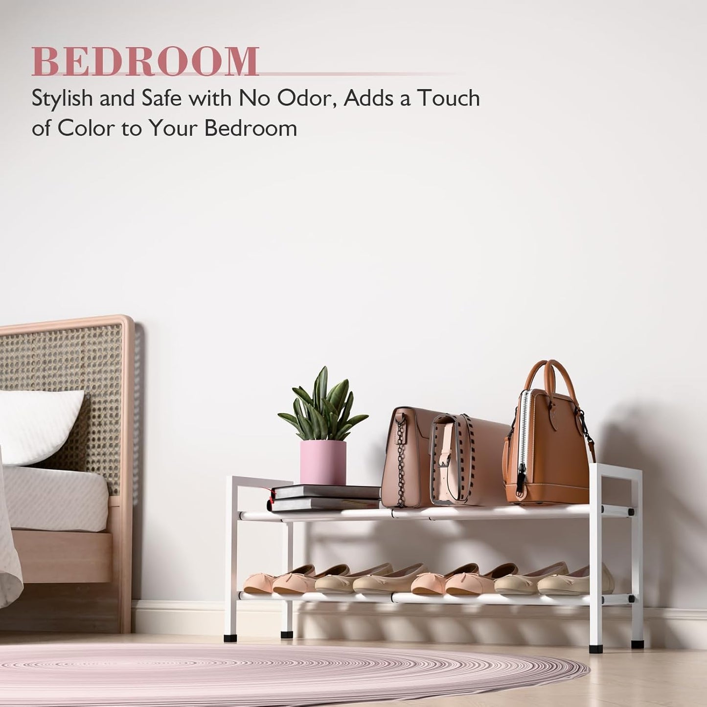 Bumusty 2-Tier Expandable Shoe Rack for Closet, 18“-33” Adjustable Shoe Rack for Small Space, Small Shoe Organizer for Front Door, Sturdy Metal, White