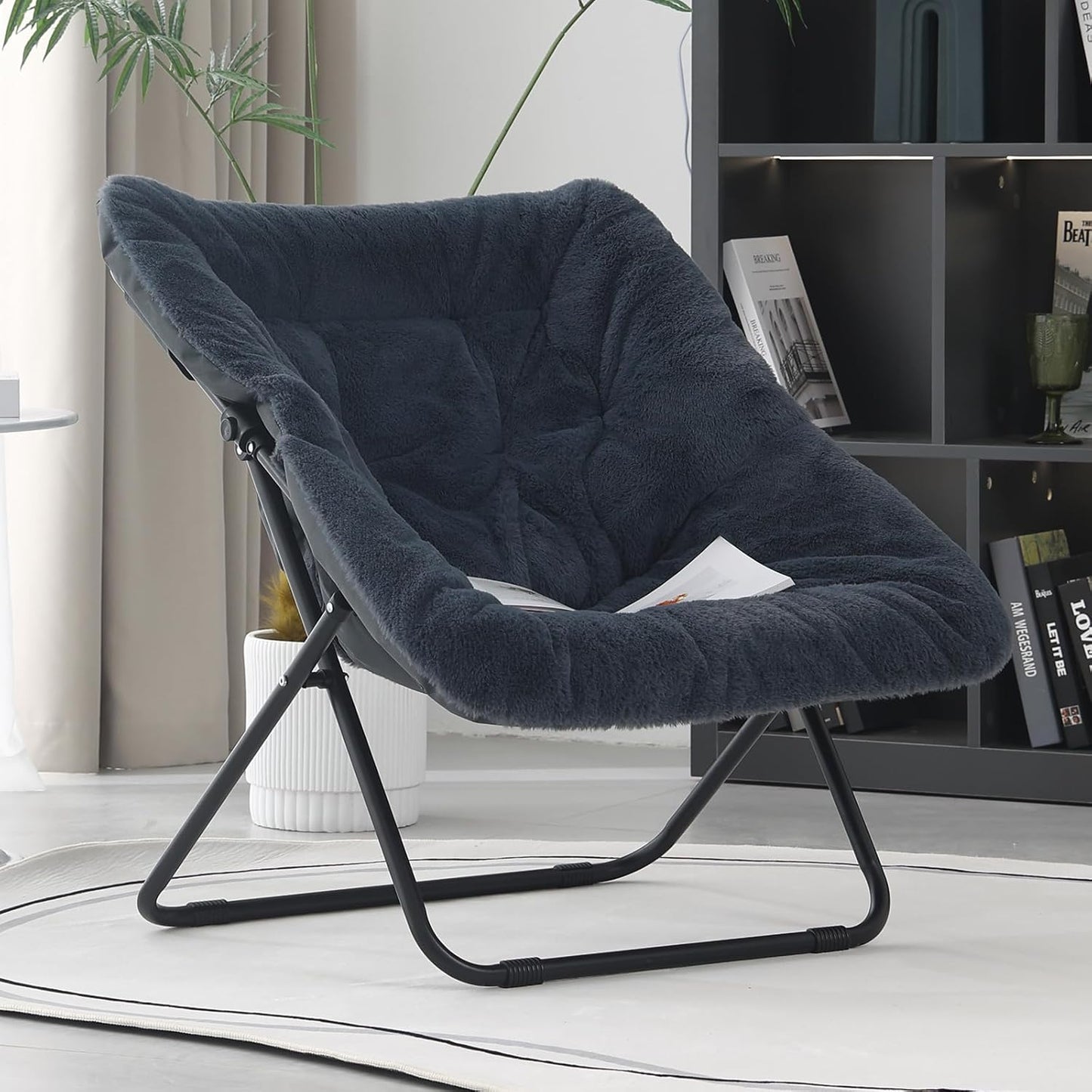 Saucer Chair, Comfy Doorm Chairs, Oversized Folding Faux Fur Chair, Foldable Metal Frame Chair, for Bedroom, Living Room, Balcony, Study, Playroom (Navy Blue)
