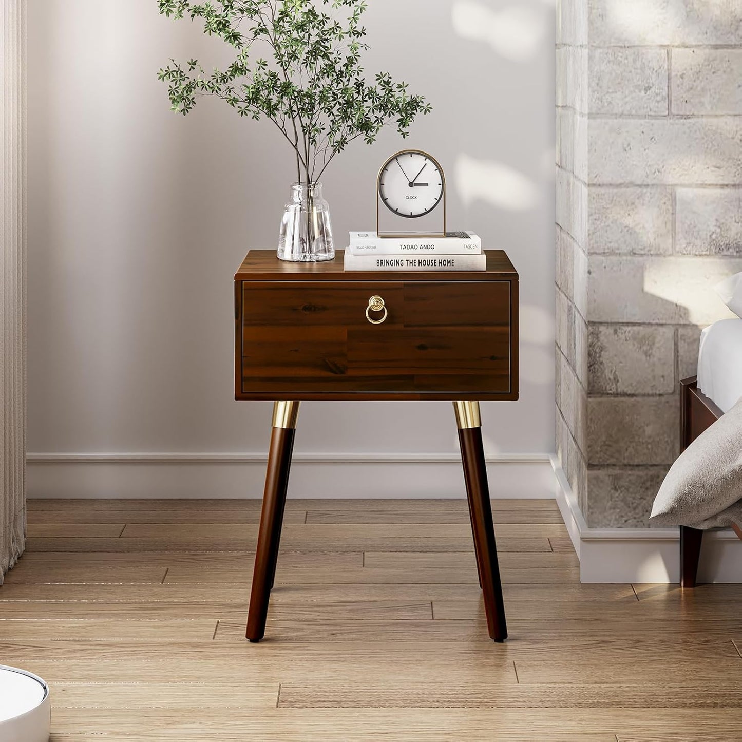 Bme Alden Wood Nightstand, Solid Wood End Table, Mid Century Modern Nightstand, Side Table with 1 Drawer, Compact for Bedroom, Living Room & Study Room, Easy Assembly, Walnut